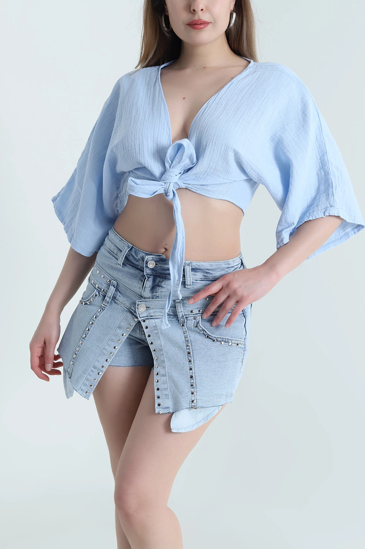 Bebe Mavisi Bağlamalı Müslin Keten Kadın Kimono Bluz 464824