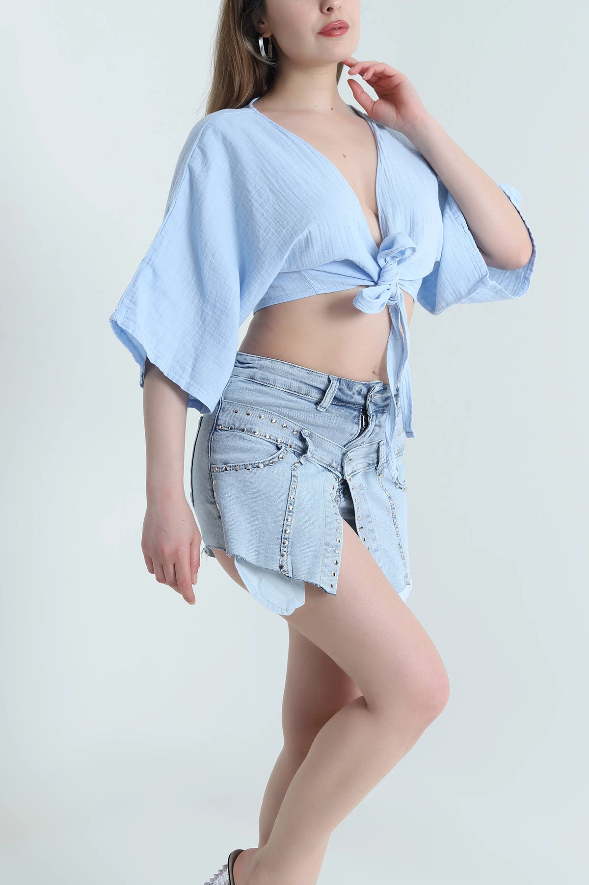 Bebe Mavisi Bağlamalı Müslin Keten Kadın Kimono Bluz 464824