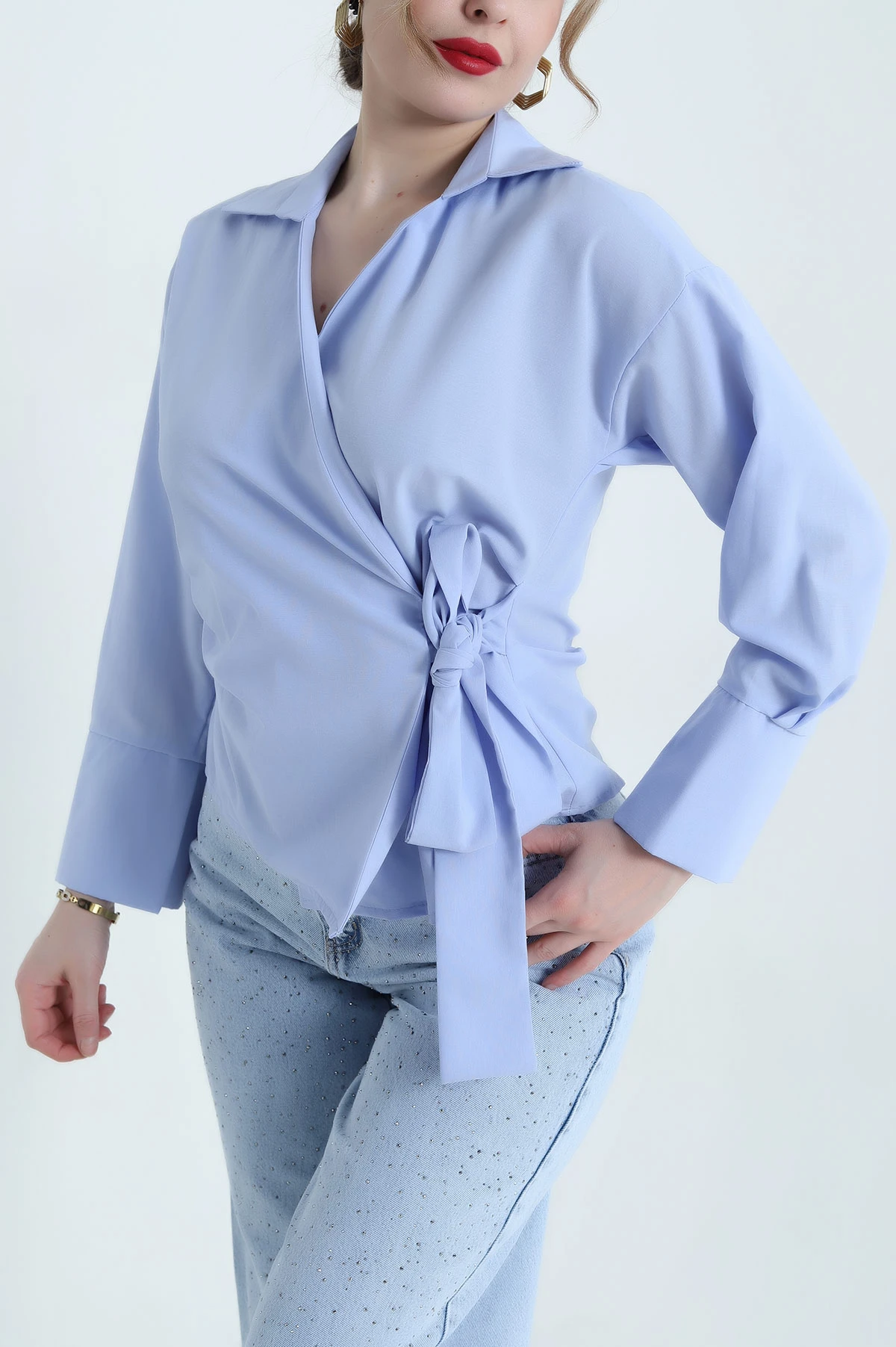 Bebe Mavisi Bağlamalı Poplin Kadın Gömlek 442937