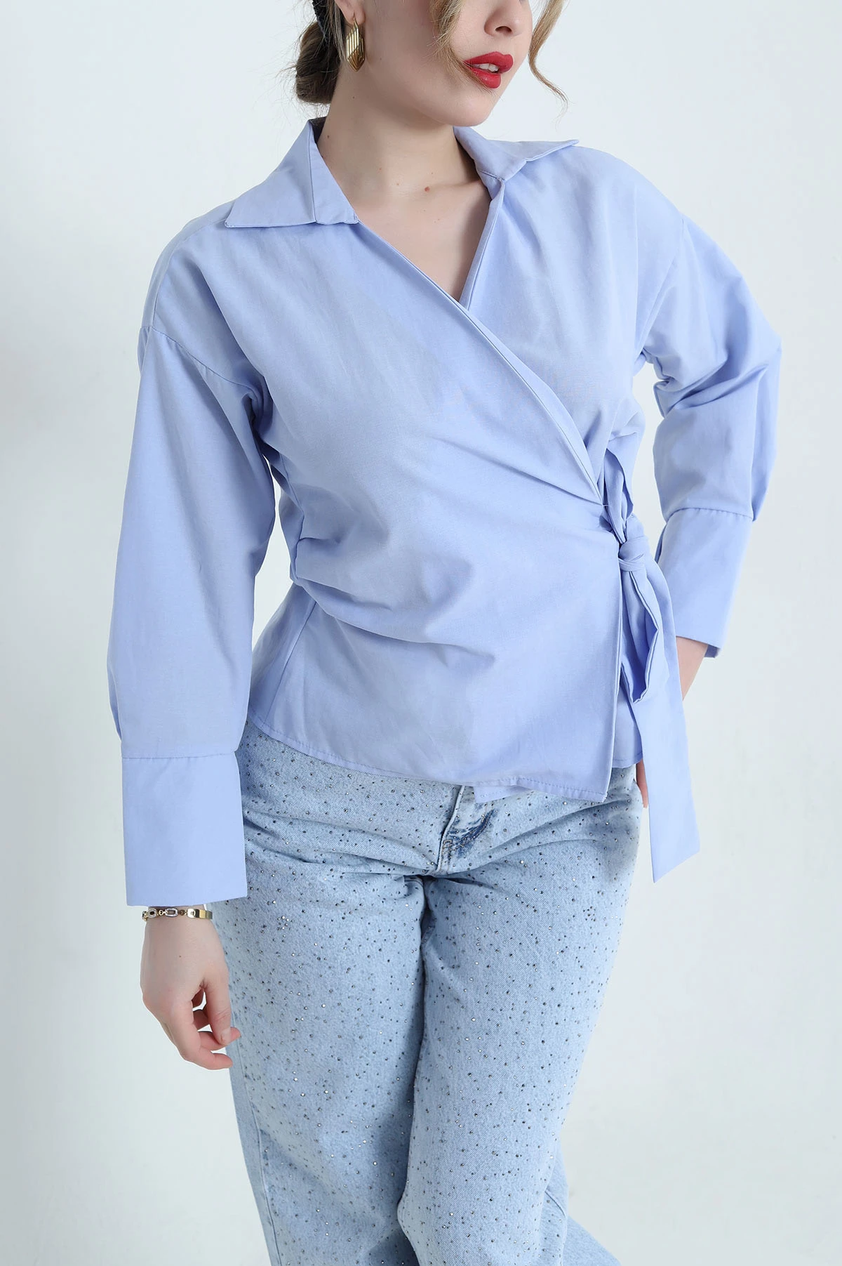 Bebe Mavisi Bağlamalı Poplin Kadın Gömlek 442937