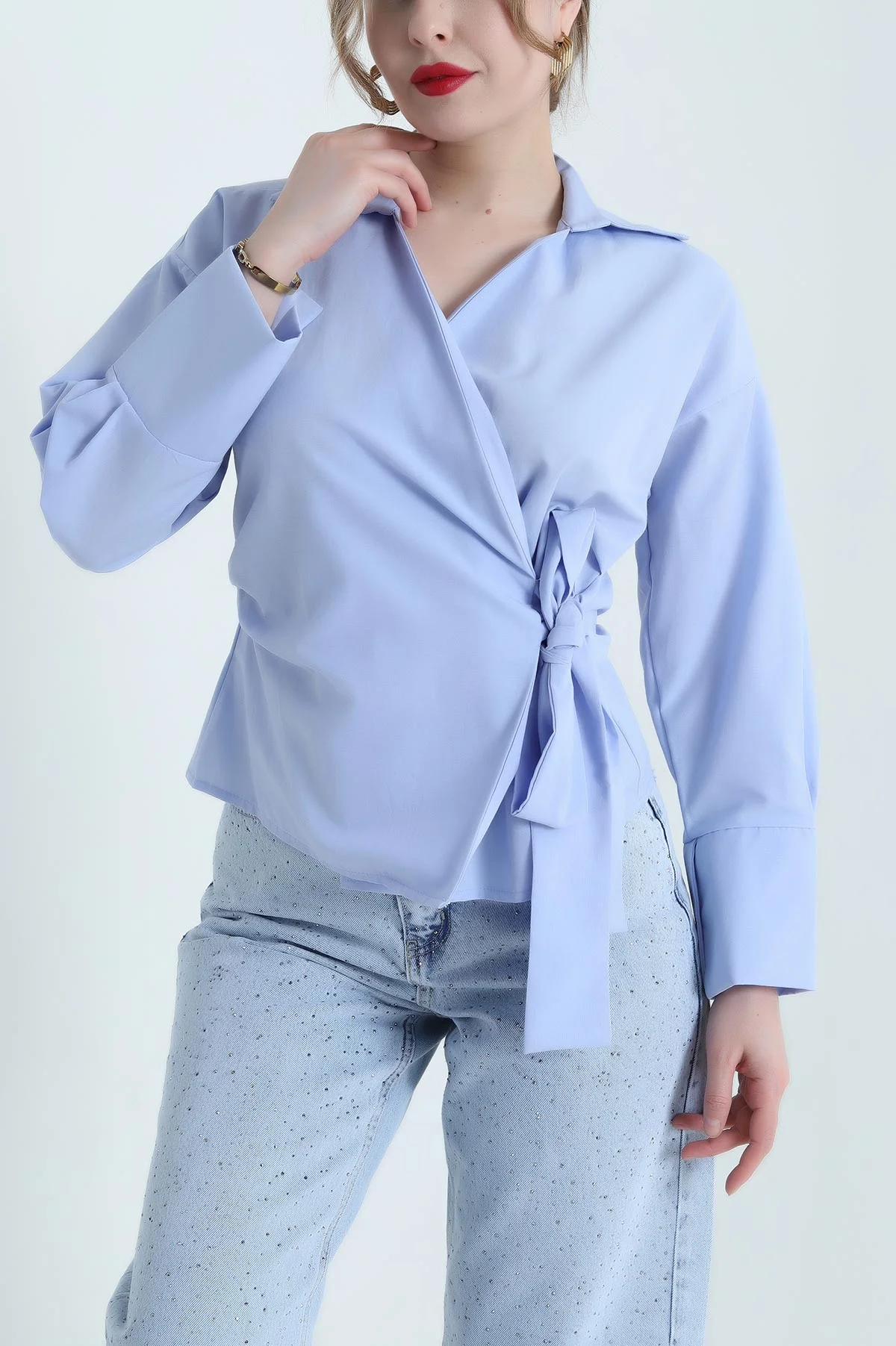 Bebe Mavisi Bağlamalı Poplin Kadın Gömlek 442937