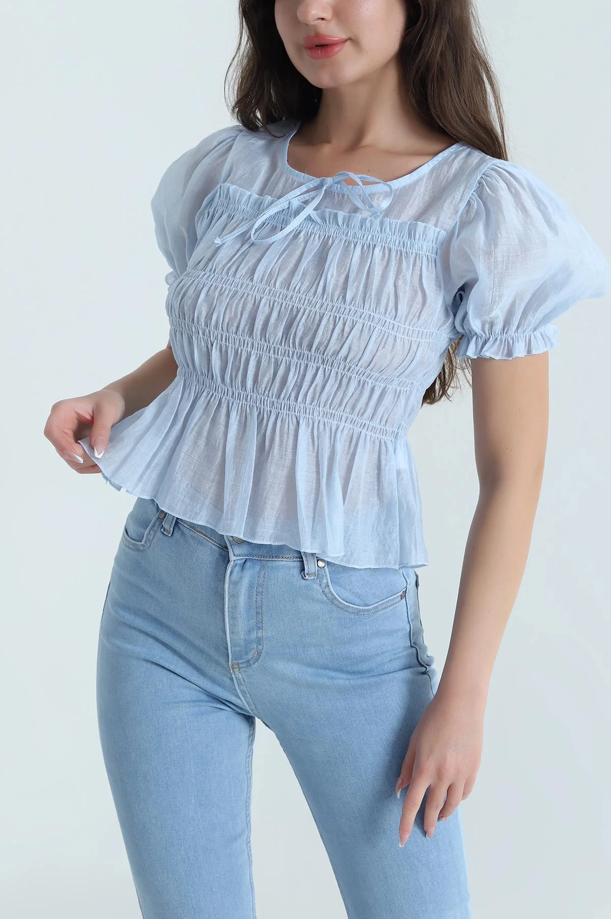 Bebe Mavisi Balon Kol Tencel Kadın Bluz 463197