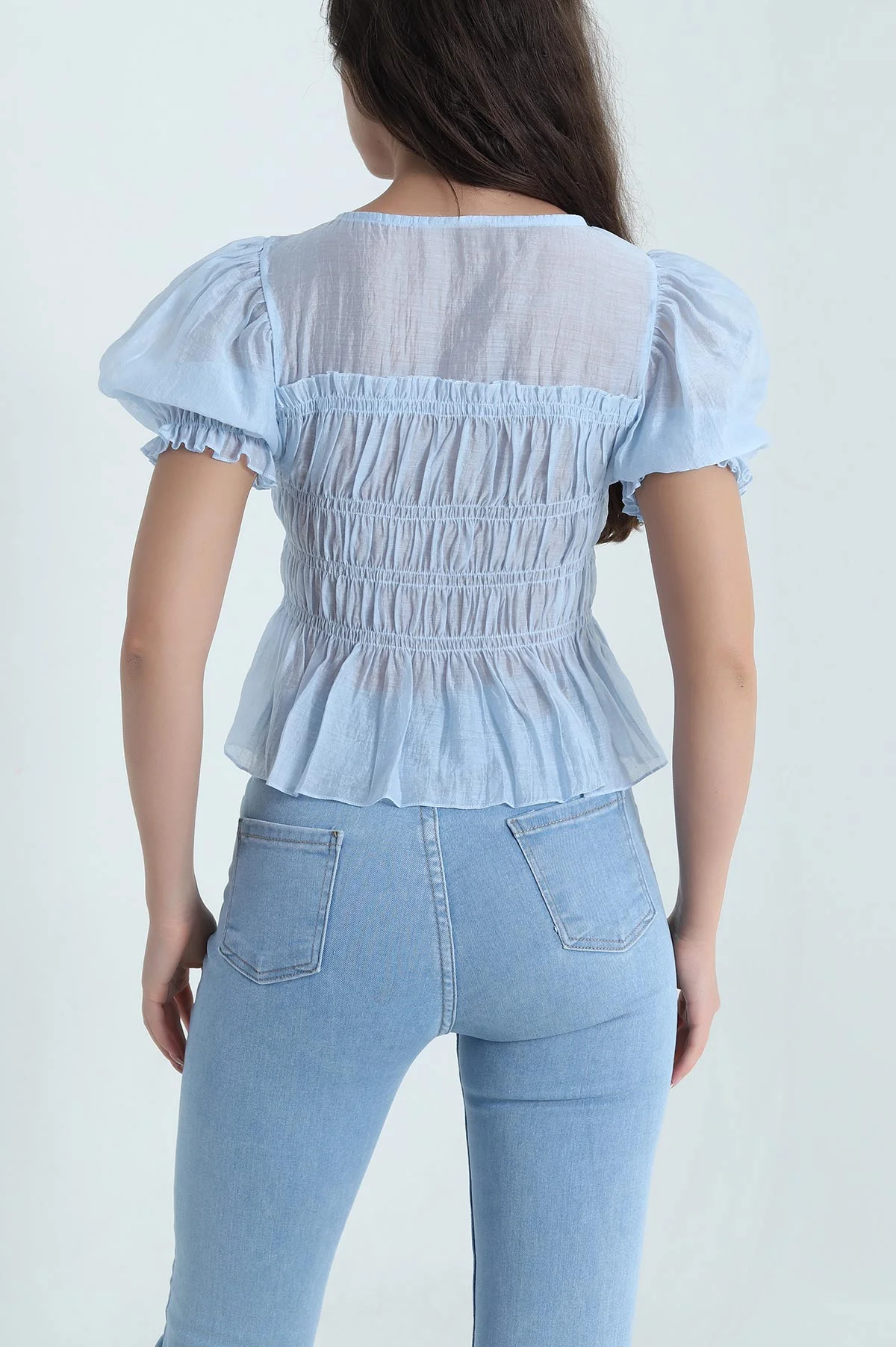 Bebe Mavisi Balon Kol Tencel Kadın Bluz 463197