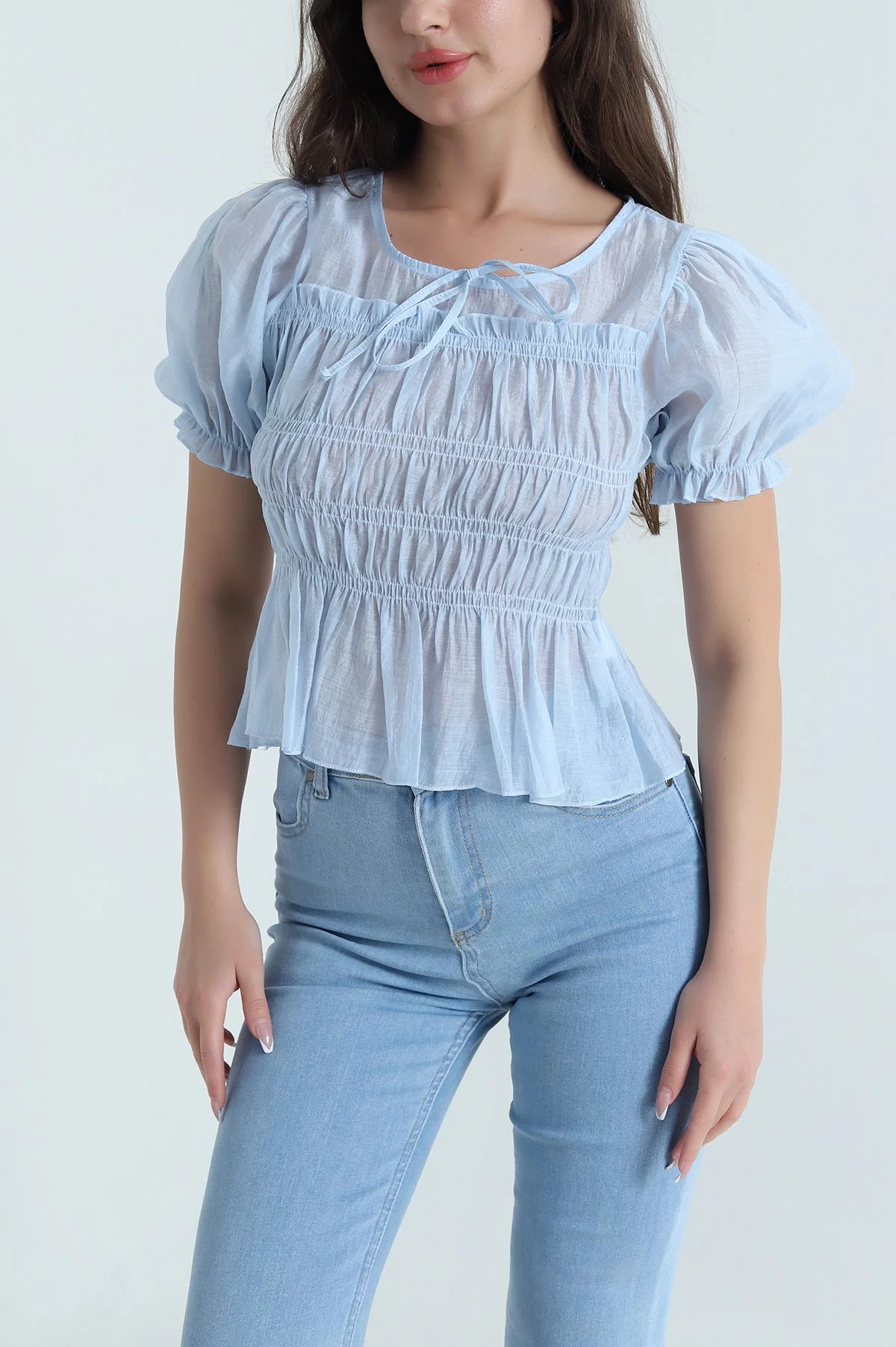 Bebe Mavisi Balon Kol Tencel Kadın Bluz 463197