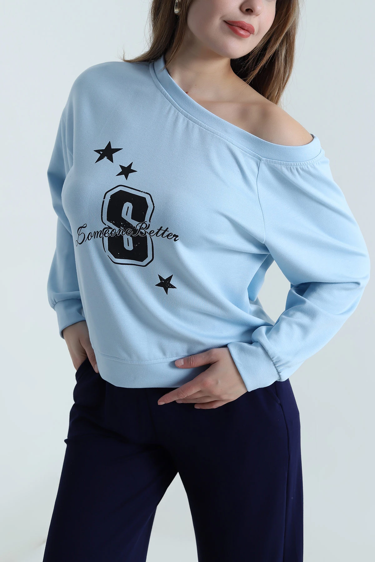 Bebe Mavisi Baskılı Likralı Vortex Kadın Bluz 494934