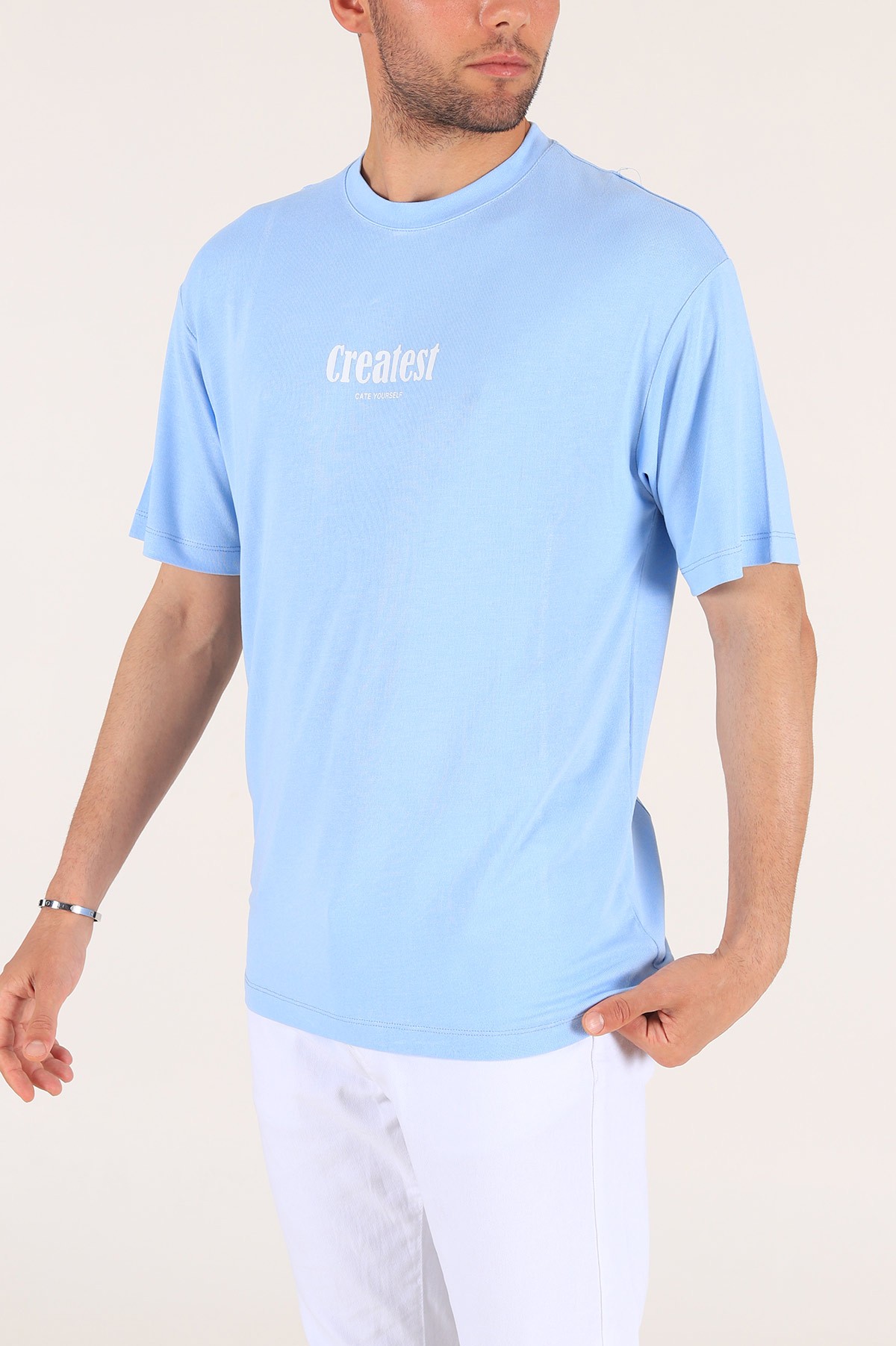 Bebe Mavisi Baskılı Oversize Erkek Tişört 177462