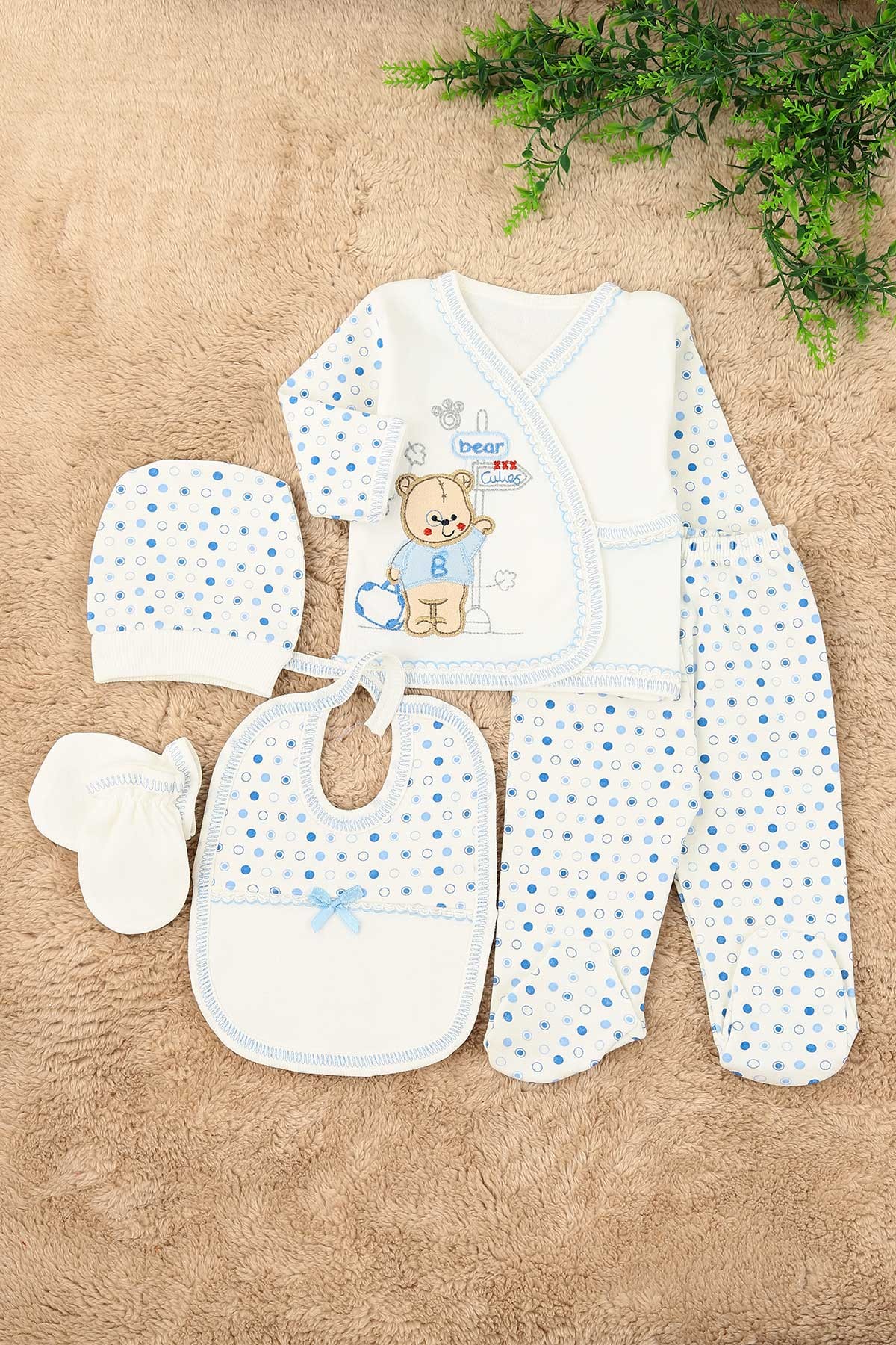 Bebe Mavisi Bear Ayı Nakışlı 5 Parçalı Erkek Zıbın Seti 158773