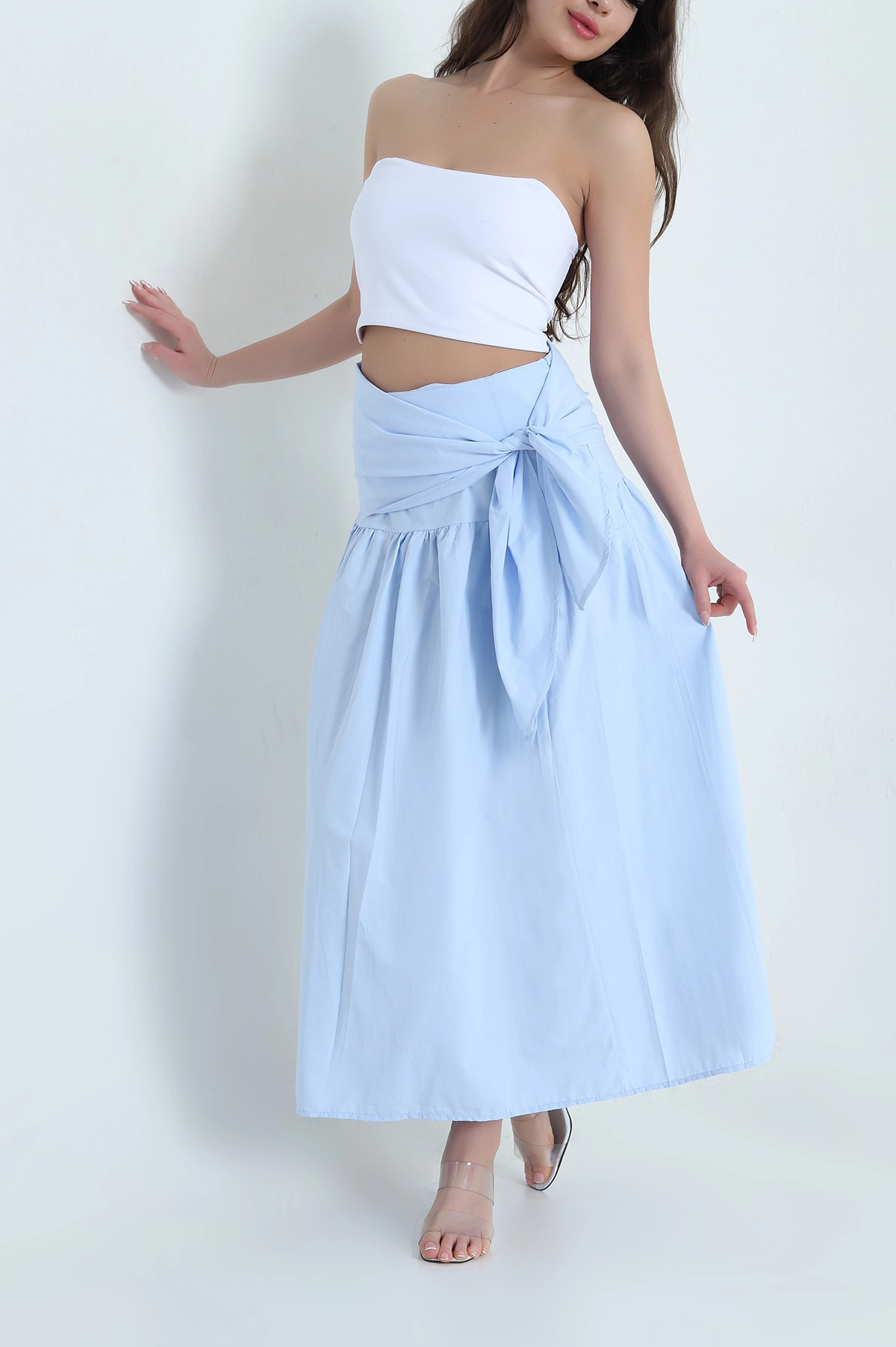 Bebe Mavisi Bel Bağlamalı Poplin Kadın Etek 456303
