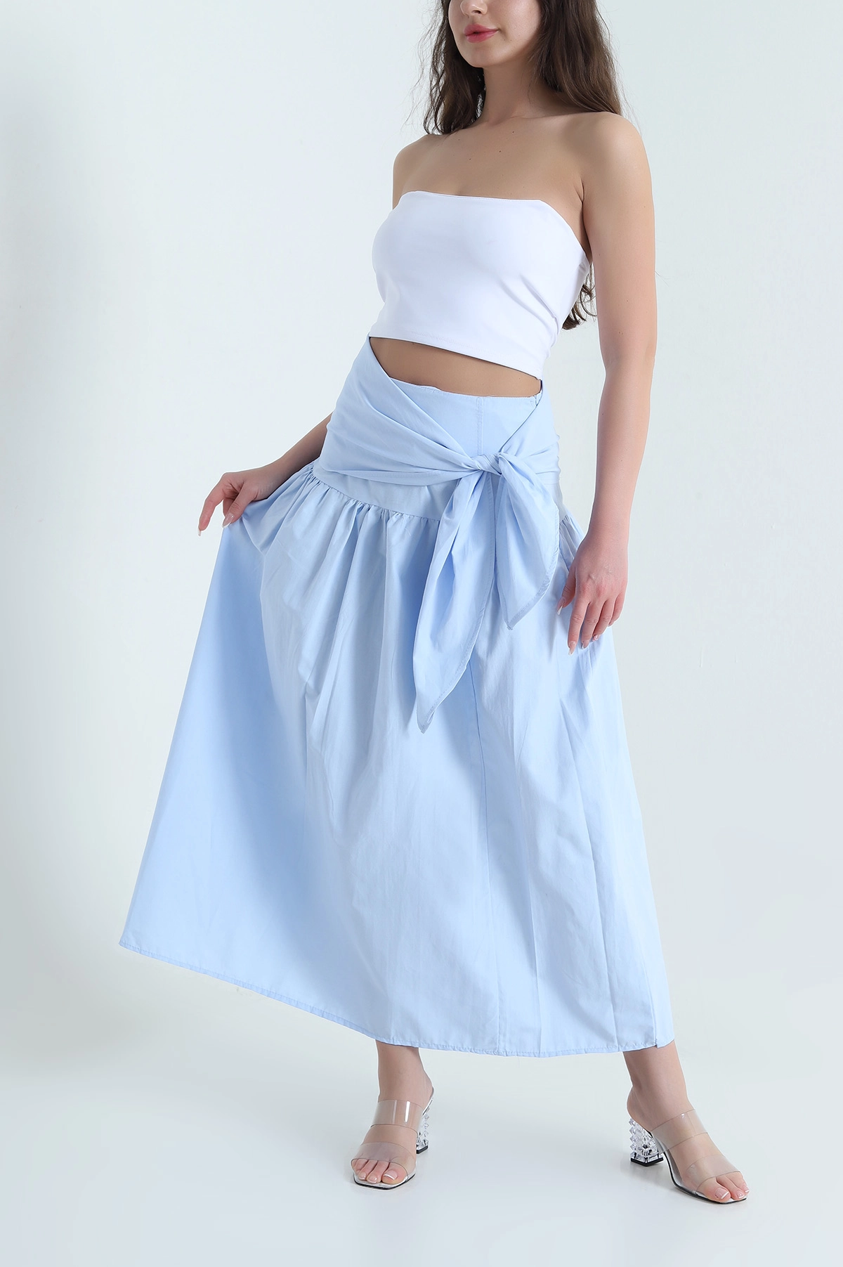 Bebe Mavisi Bel Bağlamalı Poplin Kadın Etek 456303