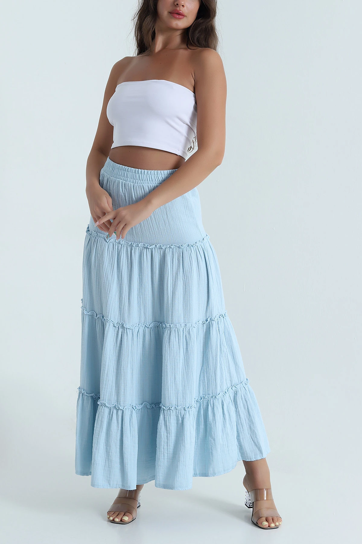 Bebe Mavisi Bel Lastikli Garnili Müslin Keten Kadın Etek 471326