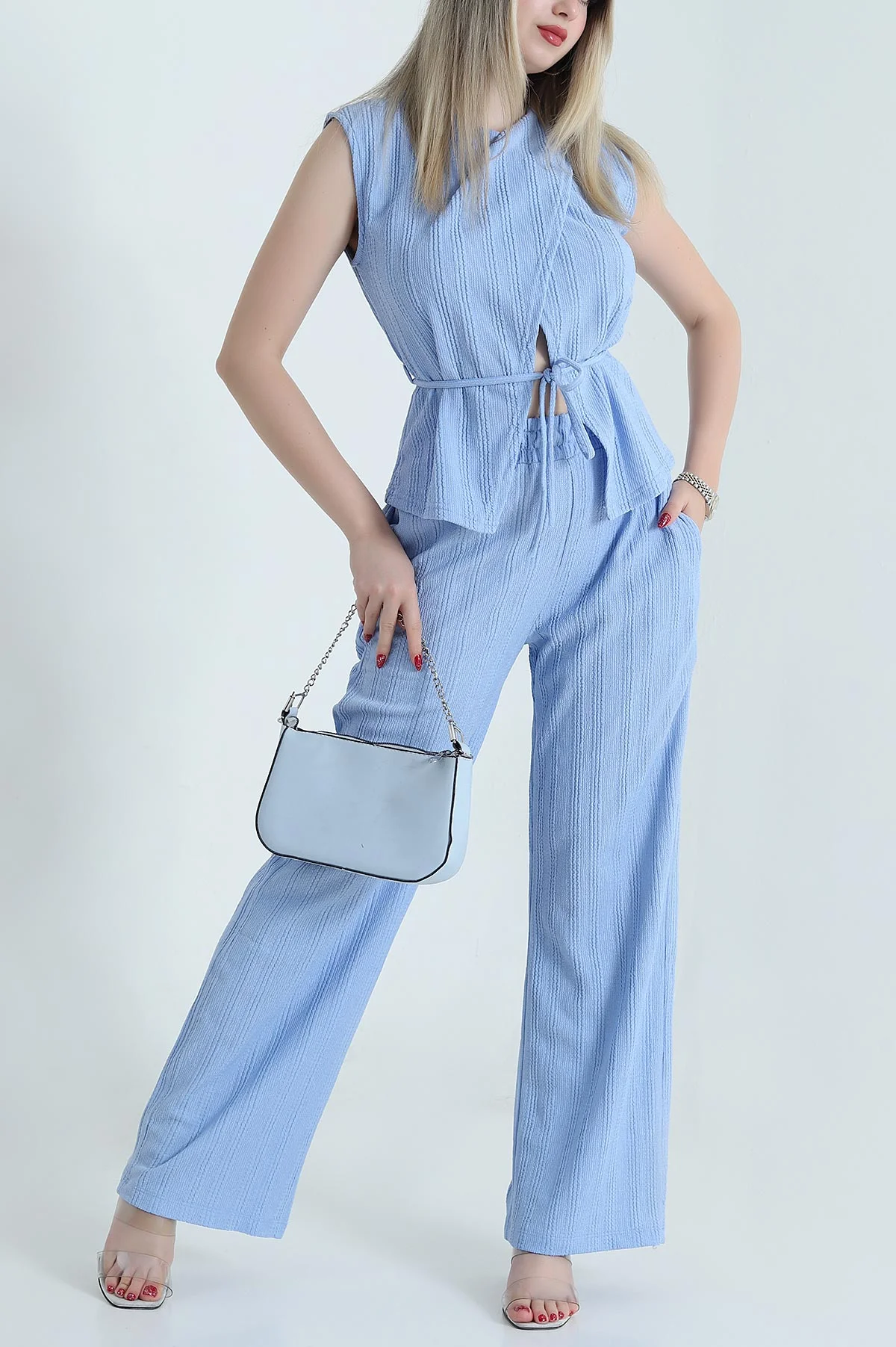 Bebe Mavisi Bel Lastikli Krinkıl Kadın İkili Takım 473609