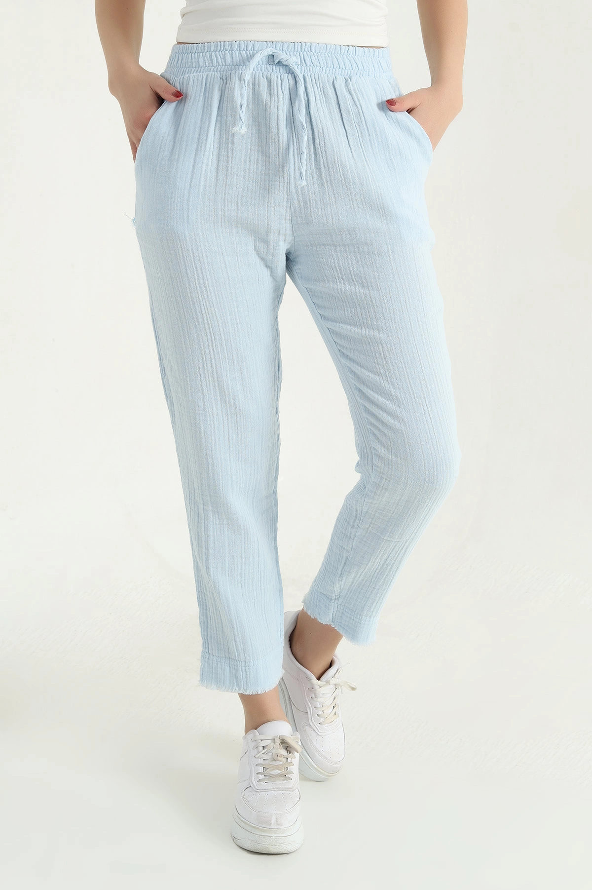Bebe Mavisi Bel Lastikli Müslin Keten Pantolon 339876