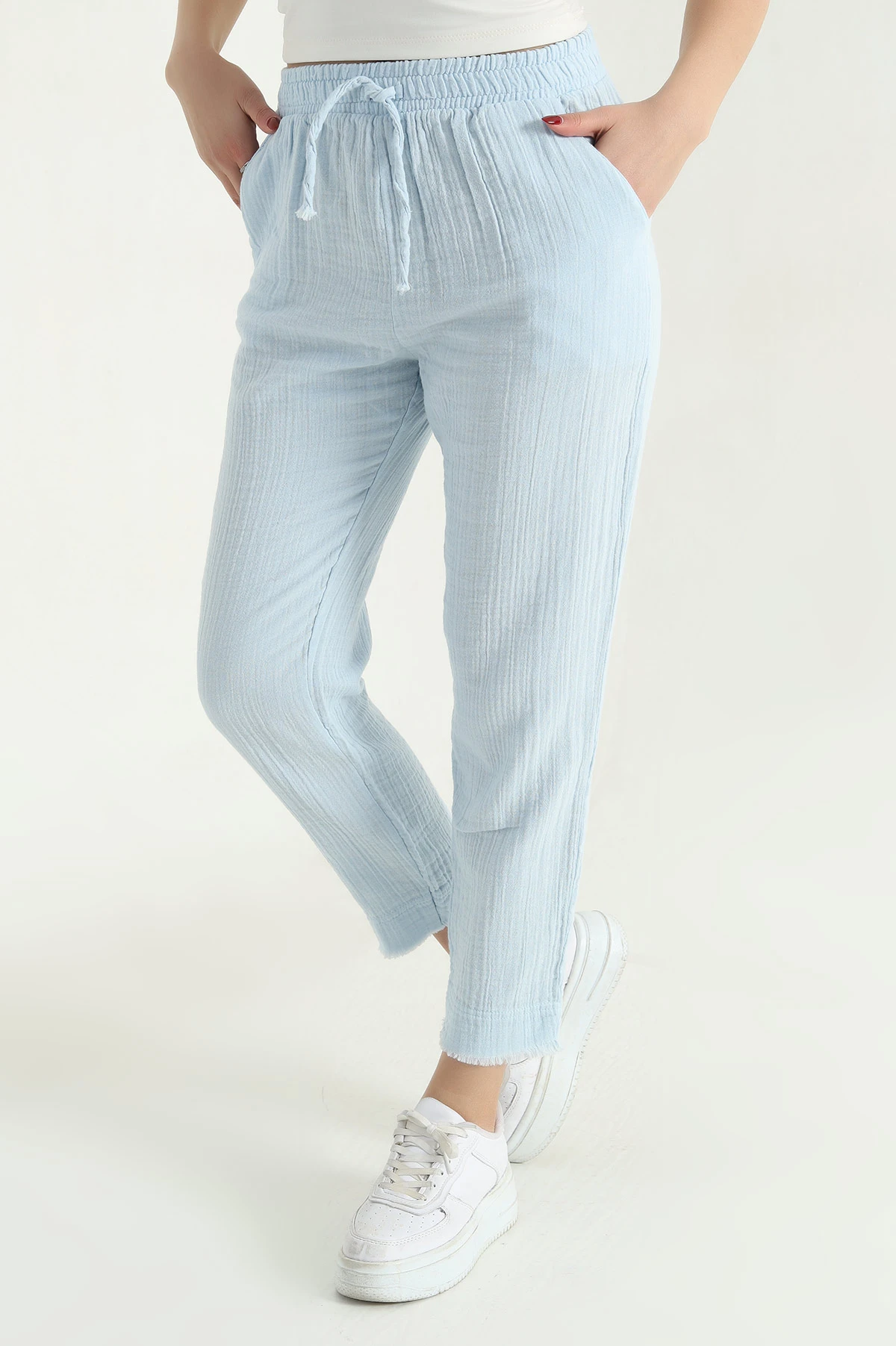 Bebe Mavisi Bel Lastikli Müslin Keten Pantolon 339876