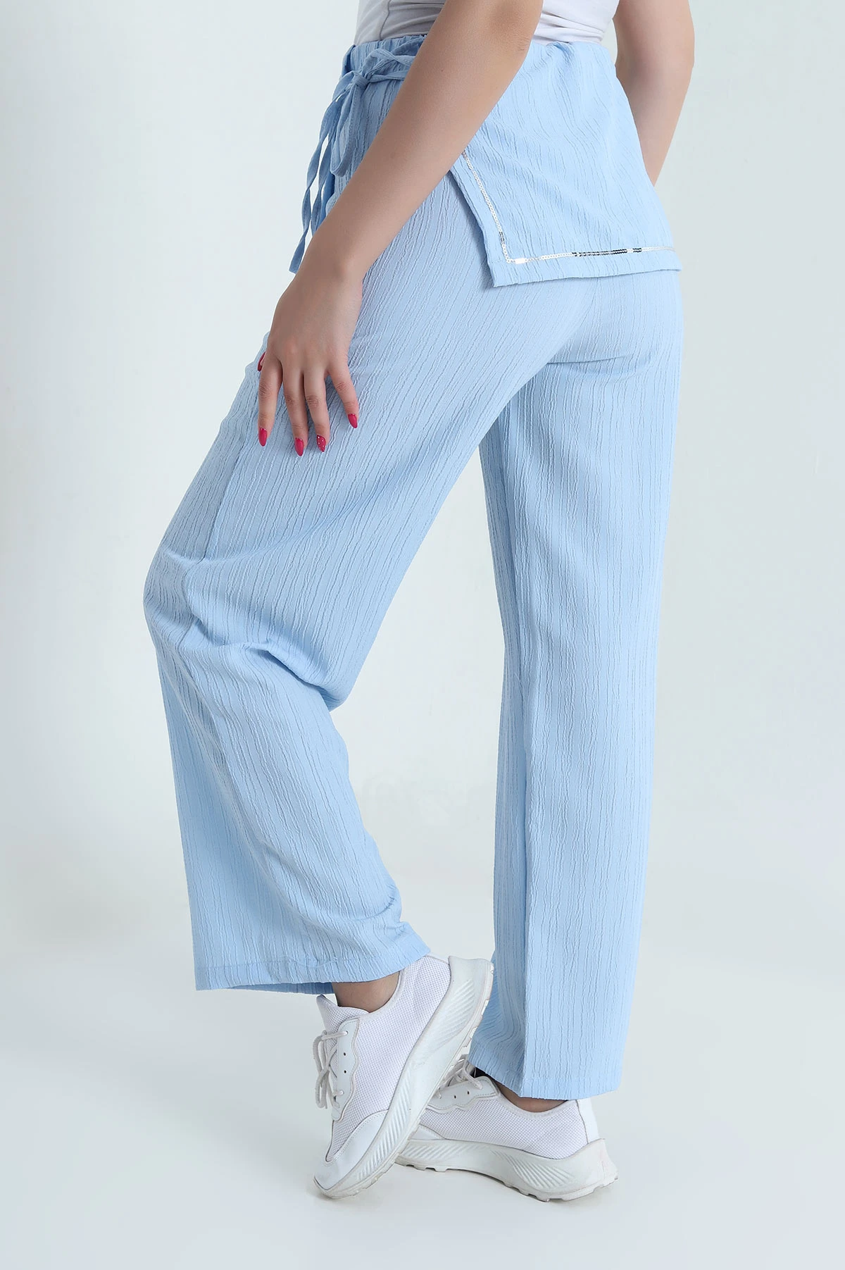 Bebe Mavisi Bel Pullu Dokuma Tarak Kadın Pantolon 477282