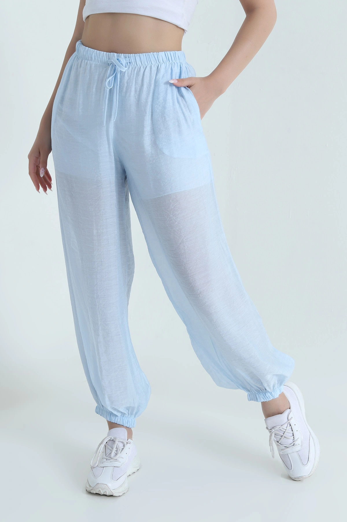 Bebe Mavisi Bel ve Paça Lastikli Astarlı Tensel Kadın Pantolon 465316