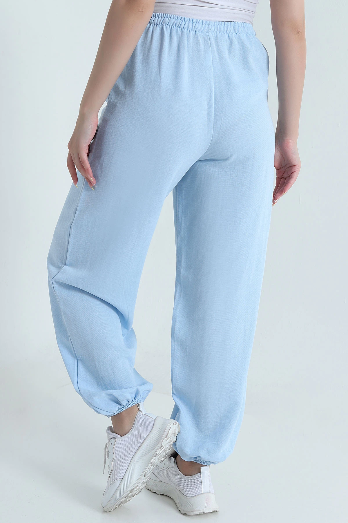 Bebe Mavisi Bel ve Paça Lastikli Keten Kadın Pantolon 471127