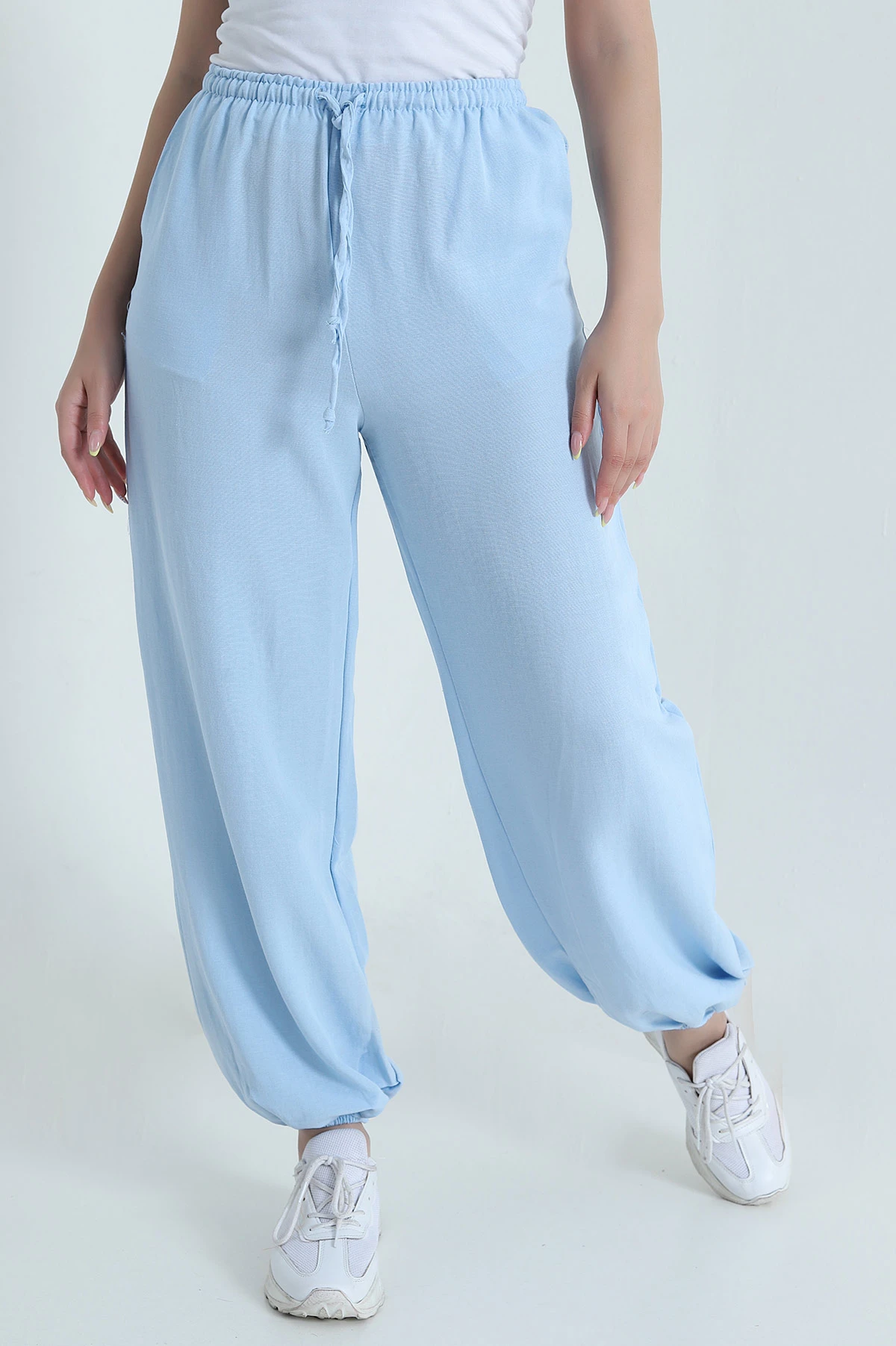 Bebe Mavisi Bel ve Paça Lastikli Keten Kadın Pantolon 471127
