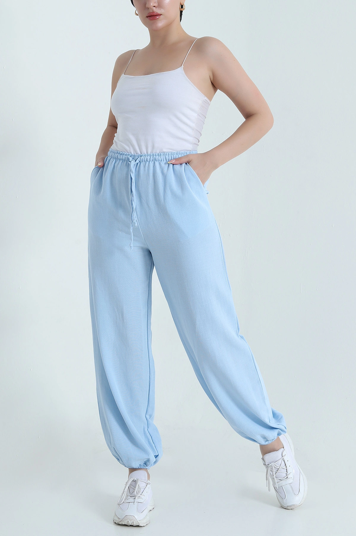 Bebe Mavisi Bel ve Paça Lastikli Keten Kadın Pantolon 471127