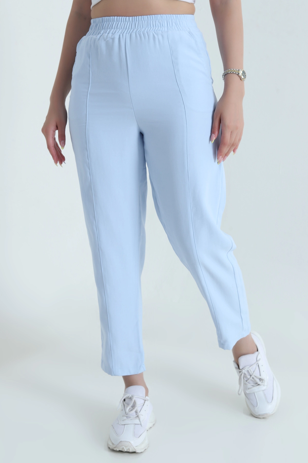Bebe Mavisi Beli Lastikli Diagonel Modal Kadın Pantolon 467501