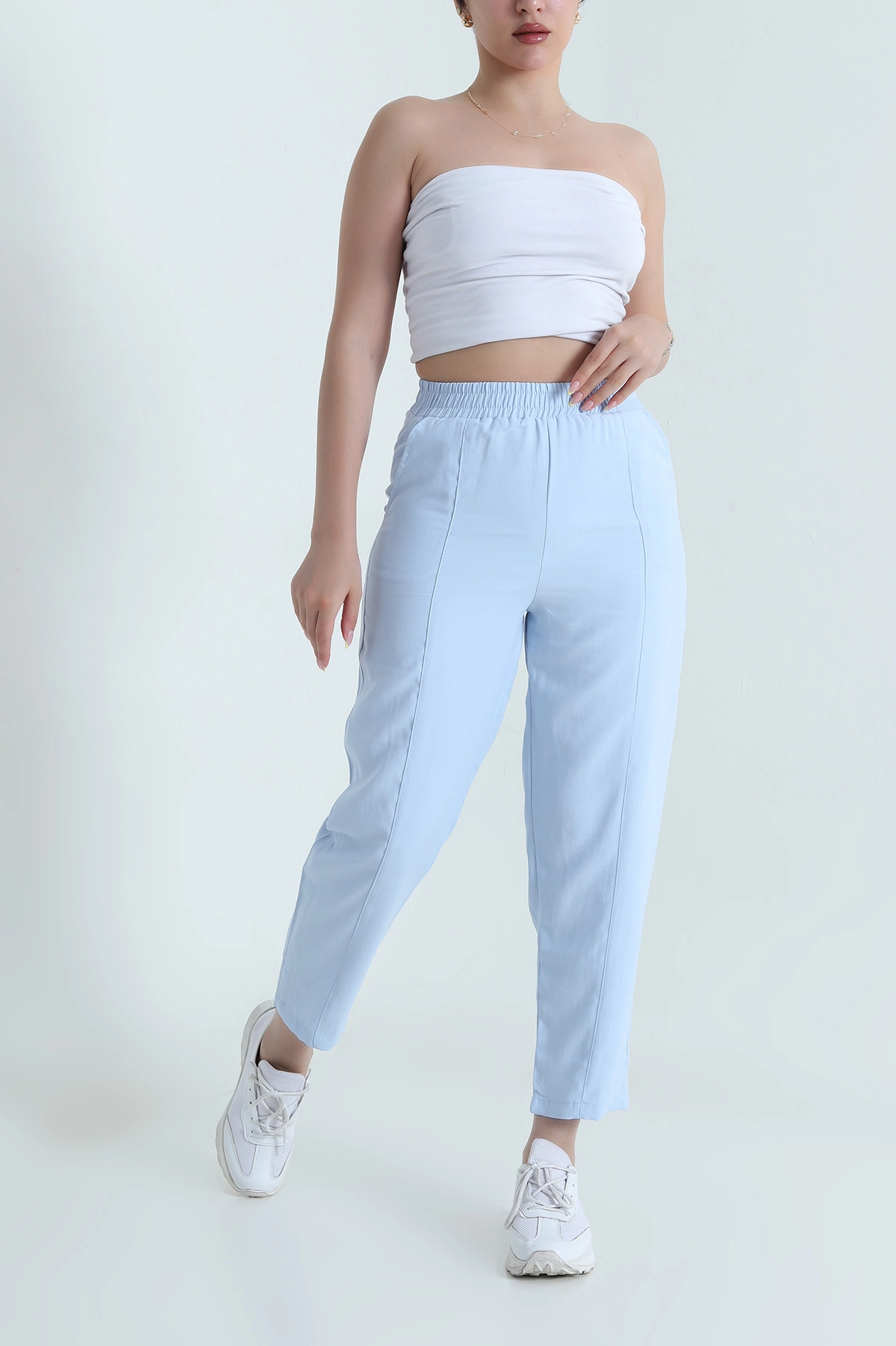 Bebe Mavisi Beli Lastikli Diagonel Modal Kadın Pantolon 467501