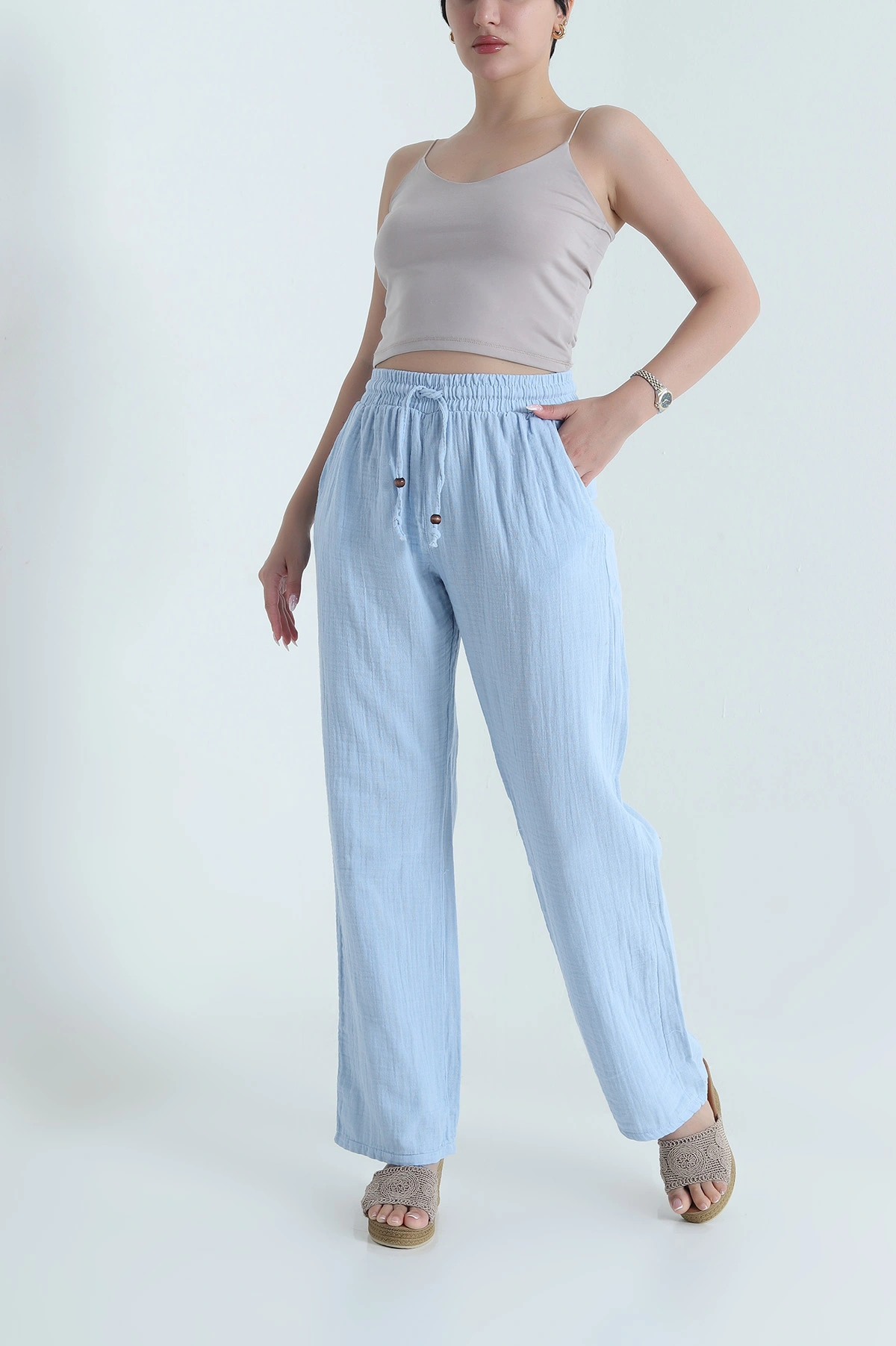 Bebe Mavisi Beli Lastikli Müslin Keten Kadın Pantolon 464243