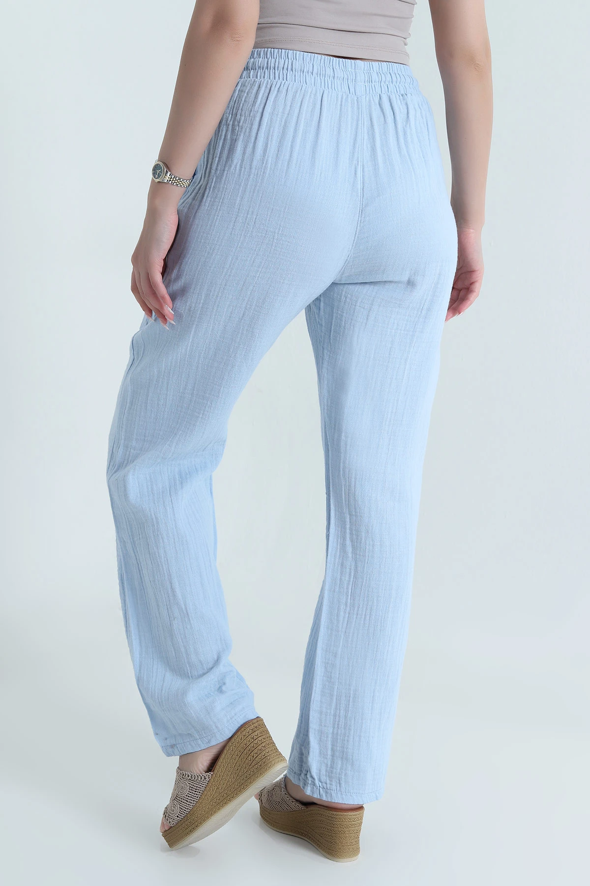 Bebe Mavisi Beli Lastikli Müslin Keten Kadın Pantolon 464243