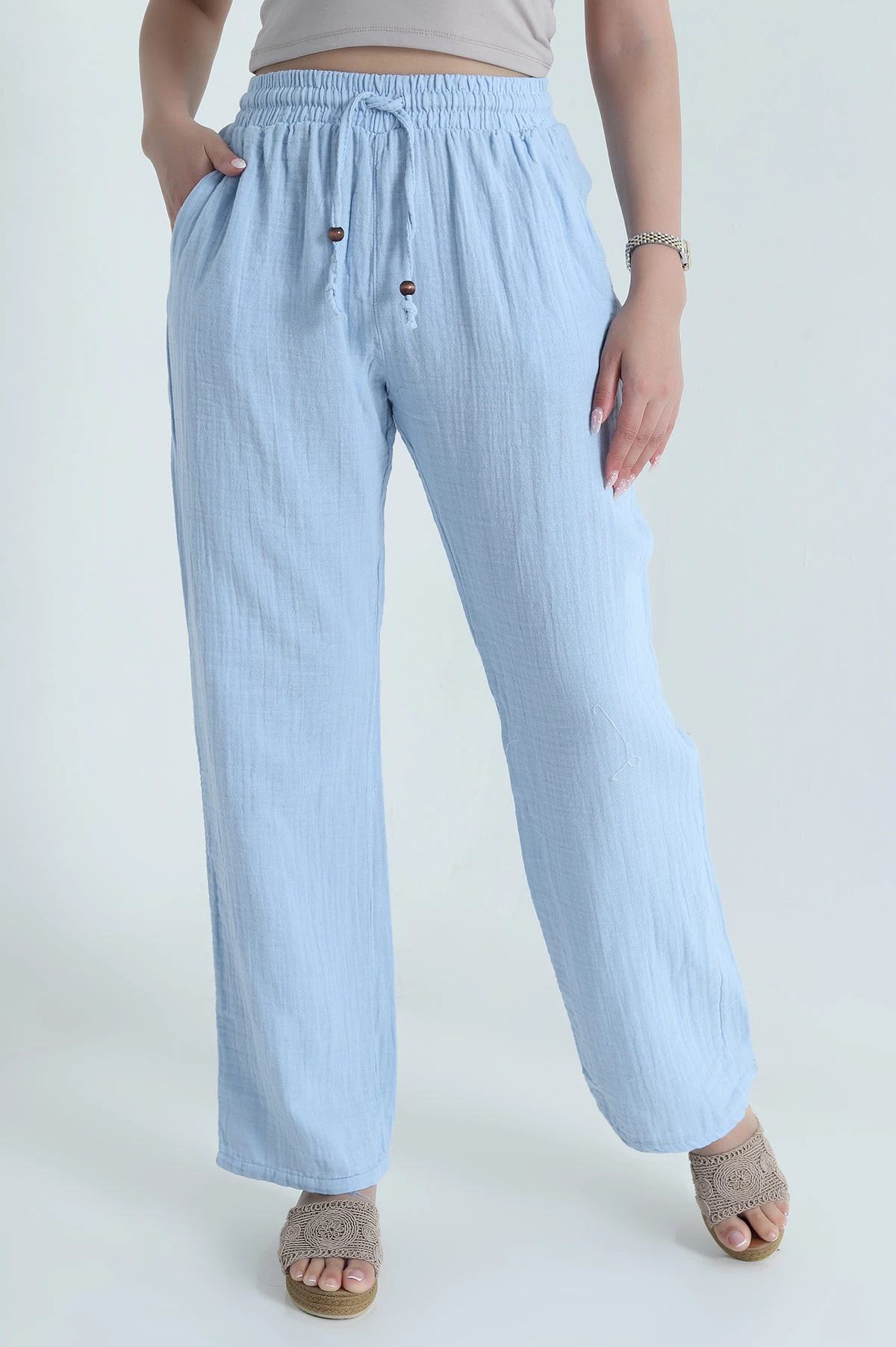 Bebe Mavisi Beli Lastikli Müslin Keten Kadın Pantolon 464243