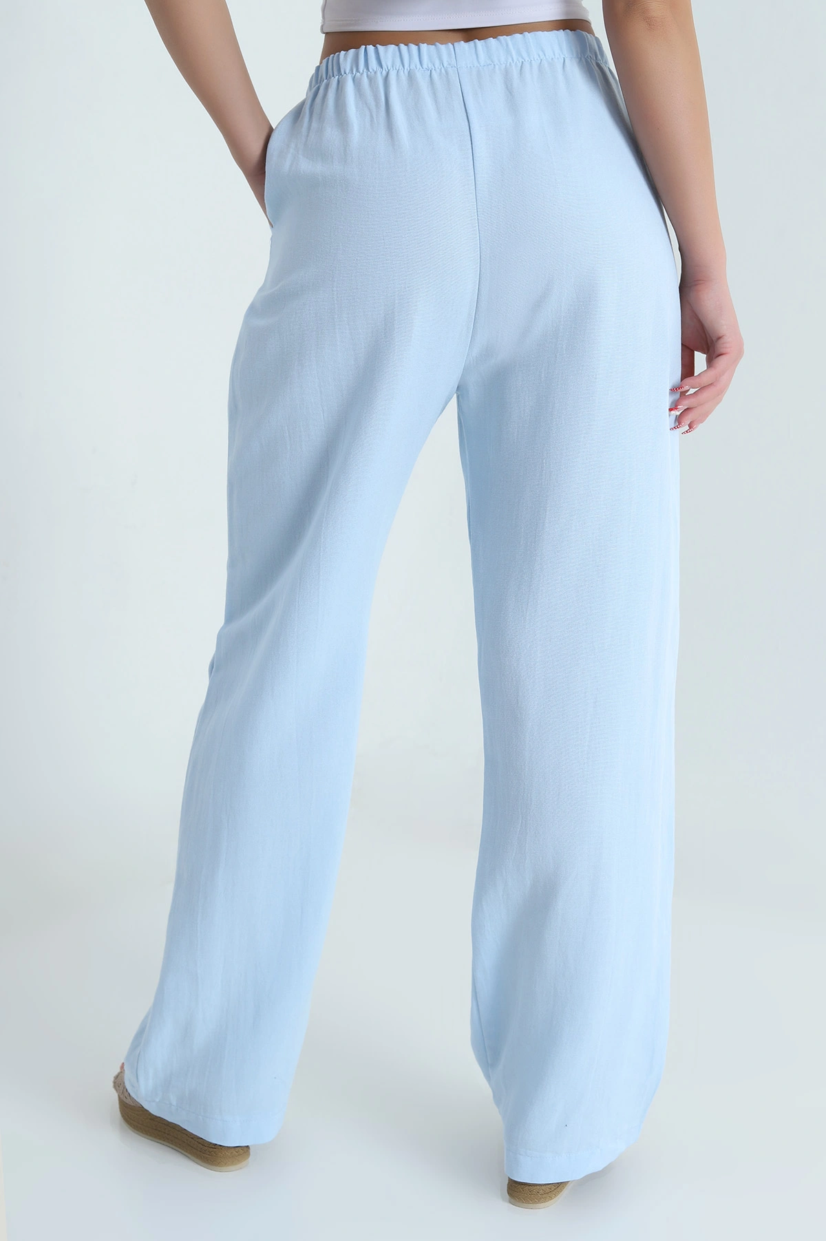 Bebe Mavisi Beli Lastikli Palazzo Kadın Keten Pantolon 478623