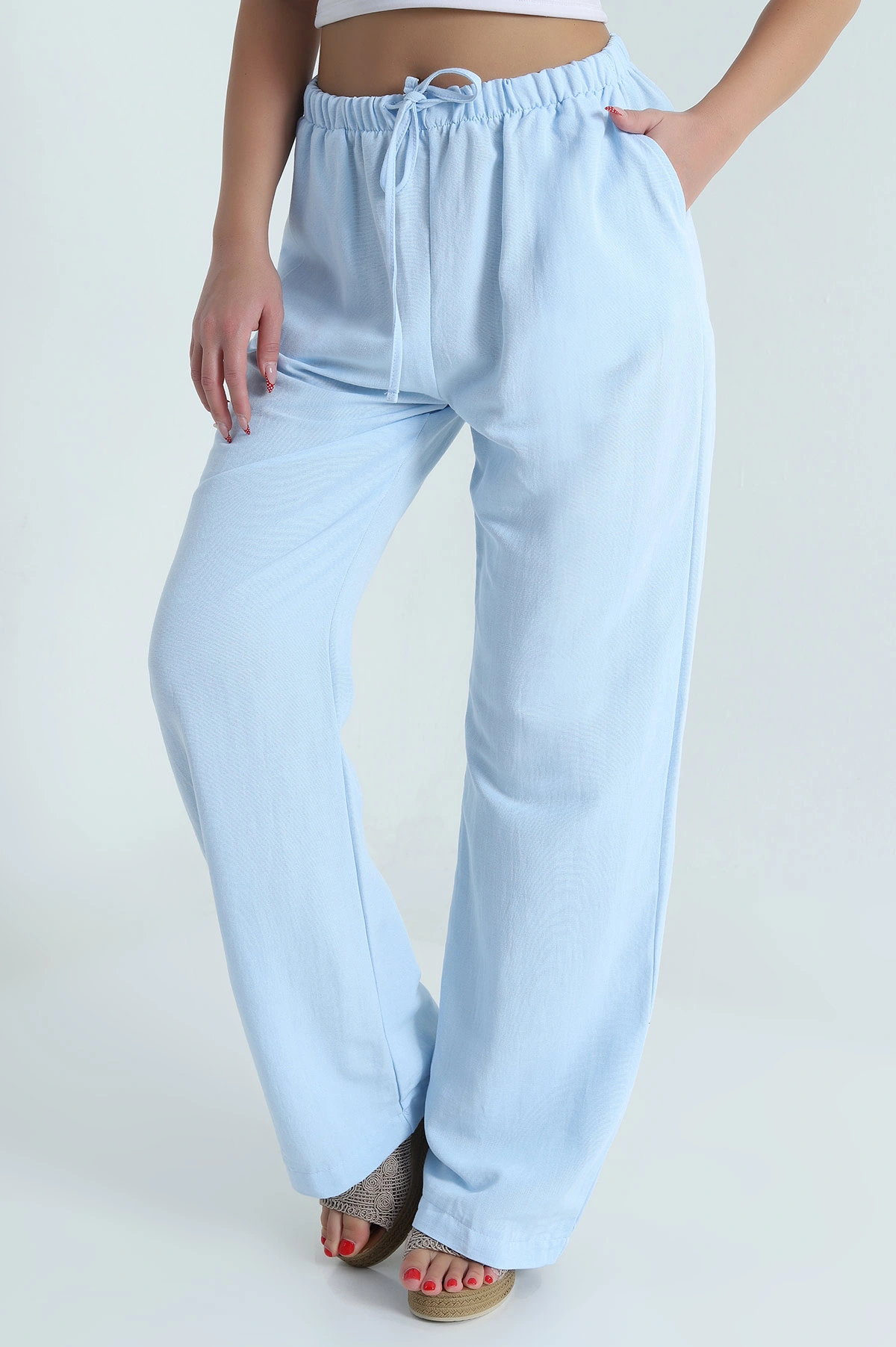 Bebe Mavisi Beli Lastikli Palazzo Kadın Keten Pantolon 478623