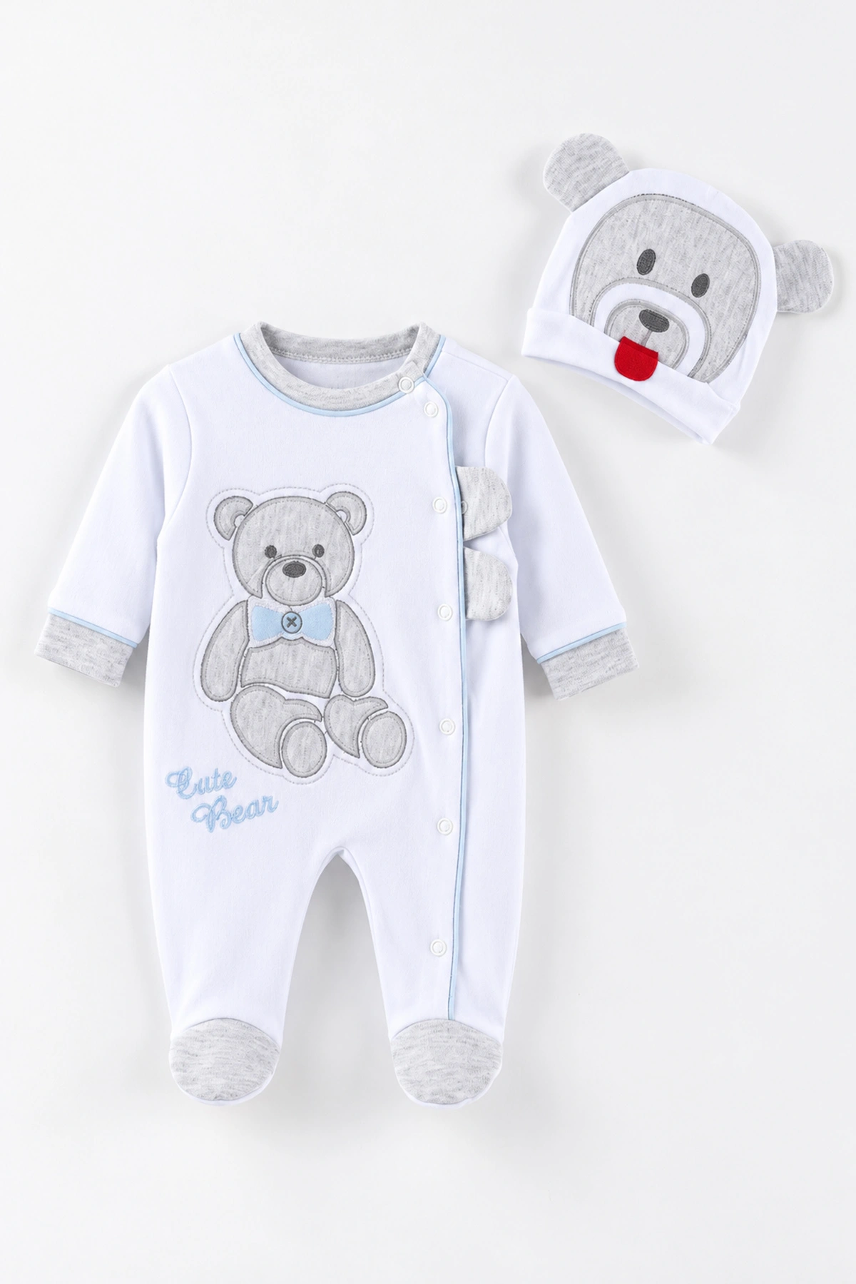 Bebe Mavisi Beyaz  (0-9 Ay)Oturan Ayı Nakışlı Şapkalı Penye Erkek  Bebek Tulum 500425
