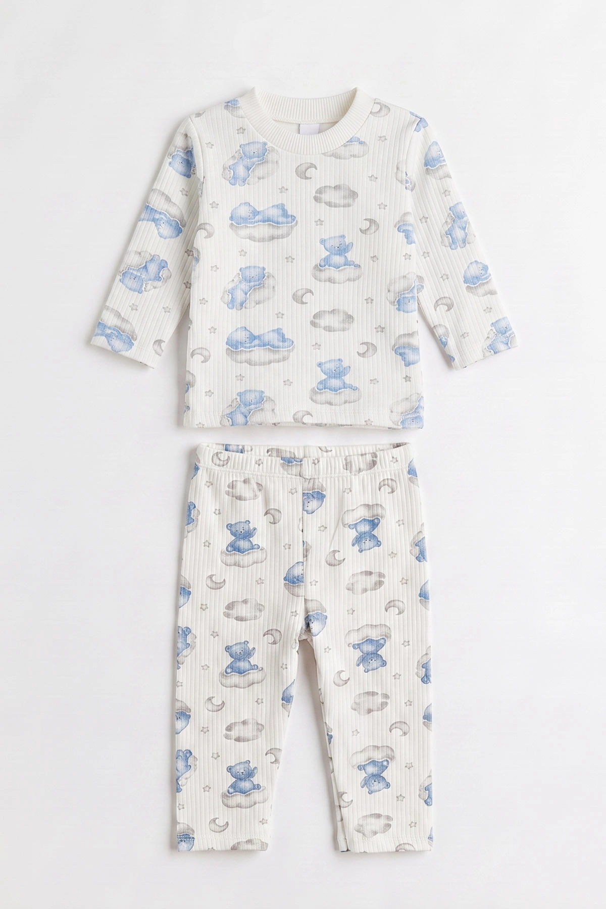 Bebe Mavisi Beyaz (1-3 Yaş) Bulutlu Ayı  Baskılı Raporlu Çocuk Pijama Takım 477255