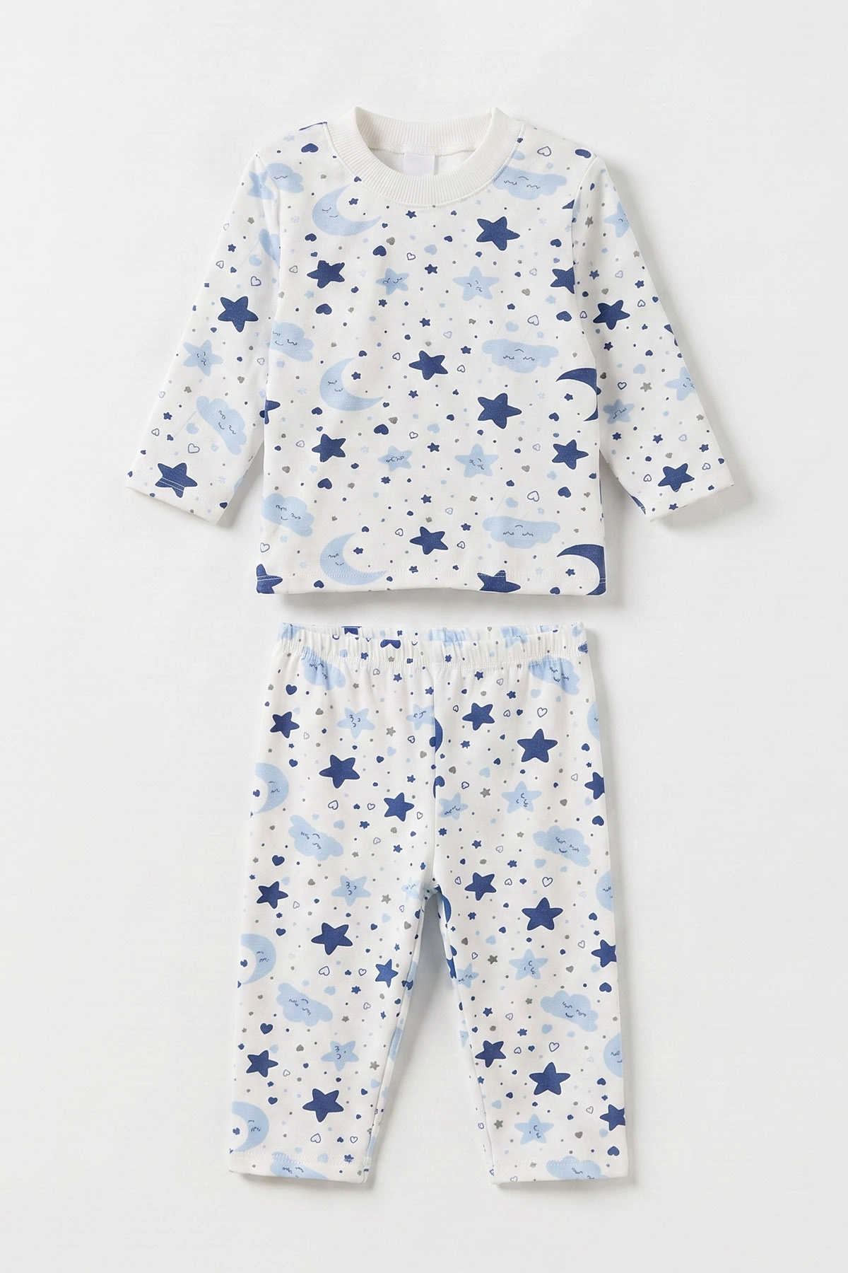 Bebe Mavisi Beyaz   (1-3 Yaş) Yıldız ve Bulut Desenli  Çocuk Pijama Takım 477361