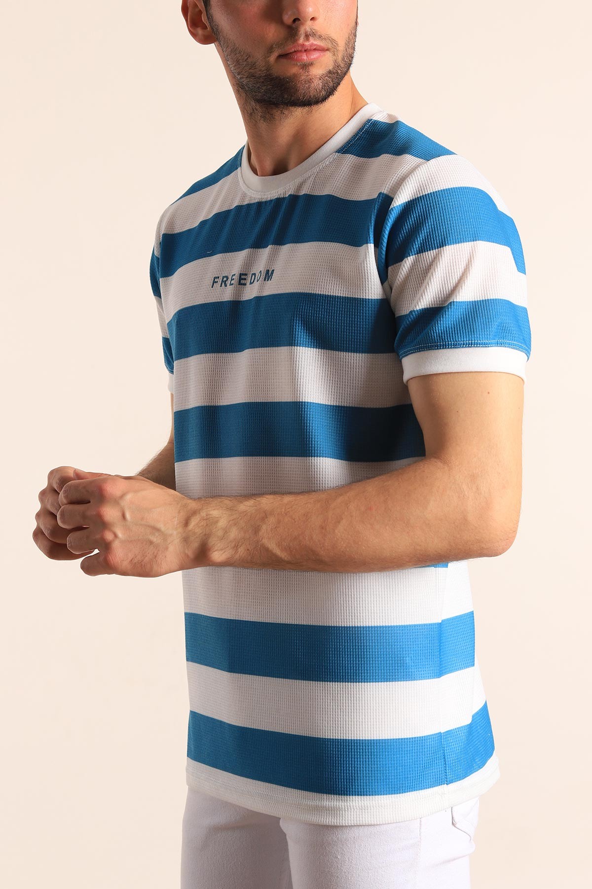 Saks Mavisi Beyaz Çizgili Slim Fit Dokulu Erkek Tişört 186867