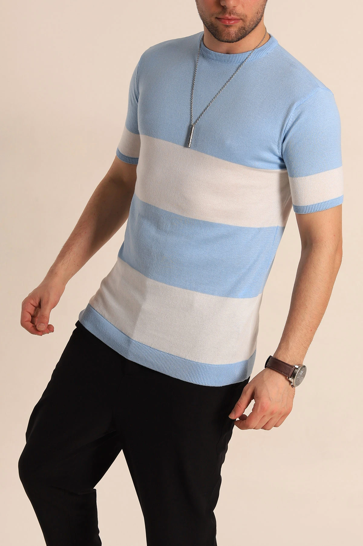 Bebe Mavisi Beyaz Geniş Çizgili Slim Fit Erkek Triko Tişört 260936