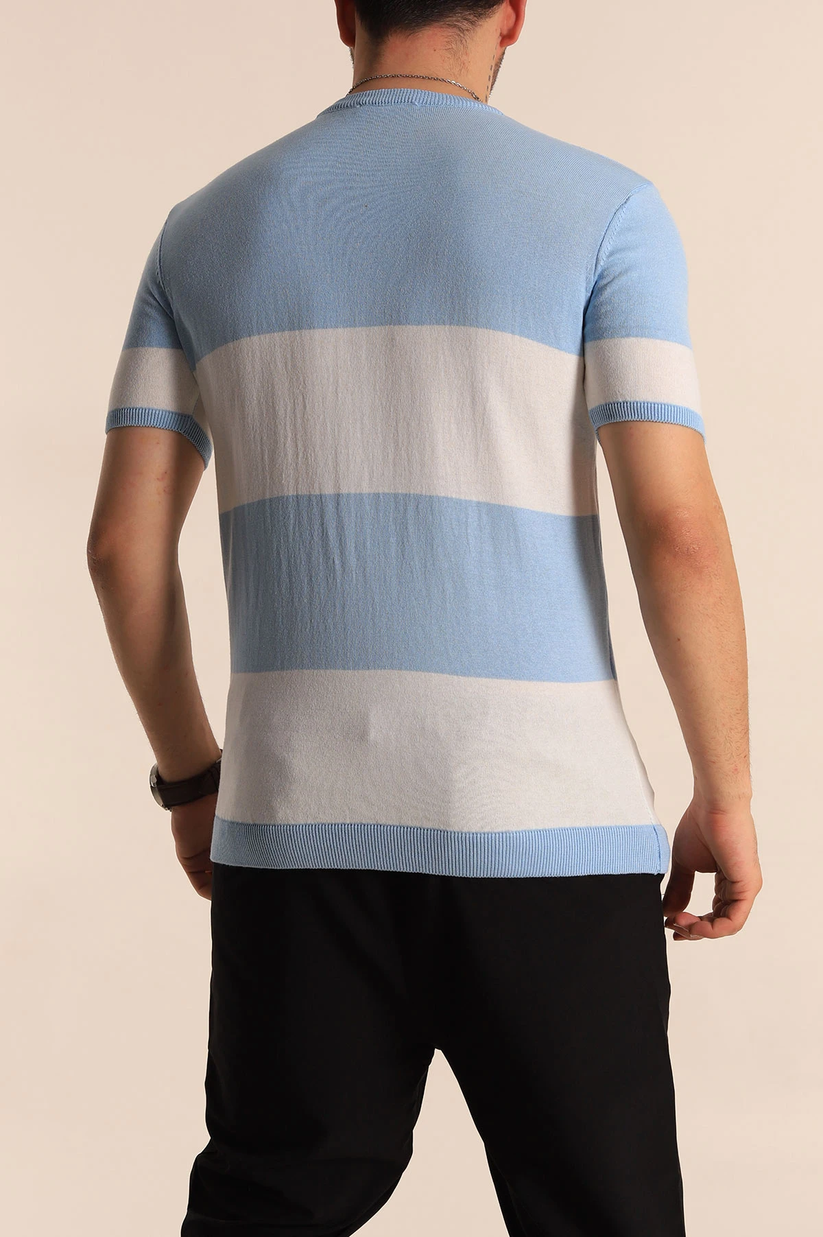 Bebe Mavisi Beyaz Geniş Çizgili Slim Fit Erkek Triko Tişört 260936