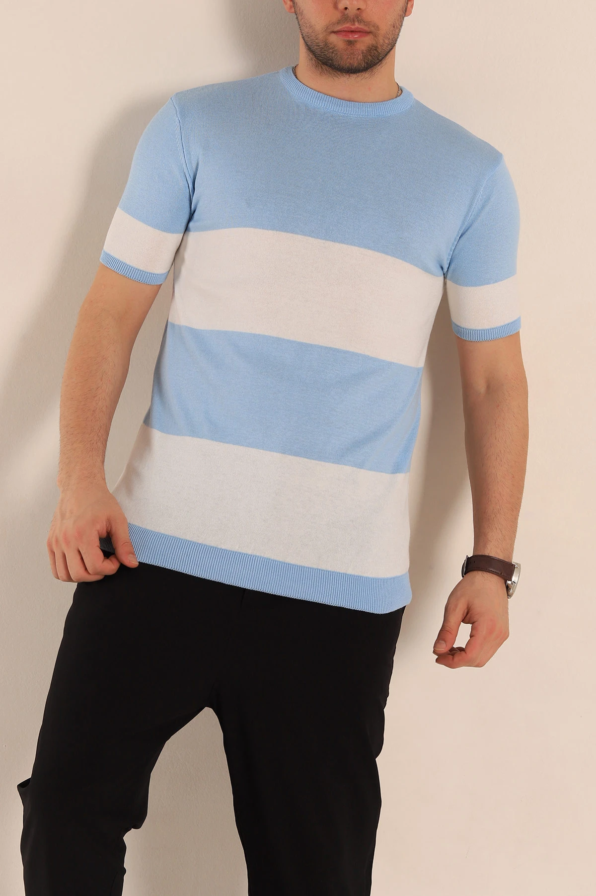 Bebe Mavisi Beyaz Geniş Çizgili Slim Fit Erkek Triko Tişört 260936