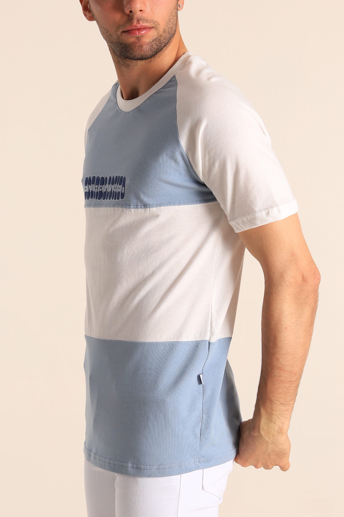 Bebe Mavisi Beyaz Oversize Reglan Kol Yazı Detay Erkek Tişört 182285