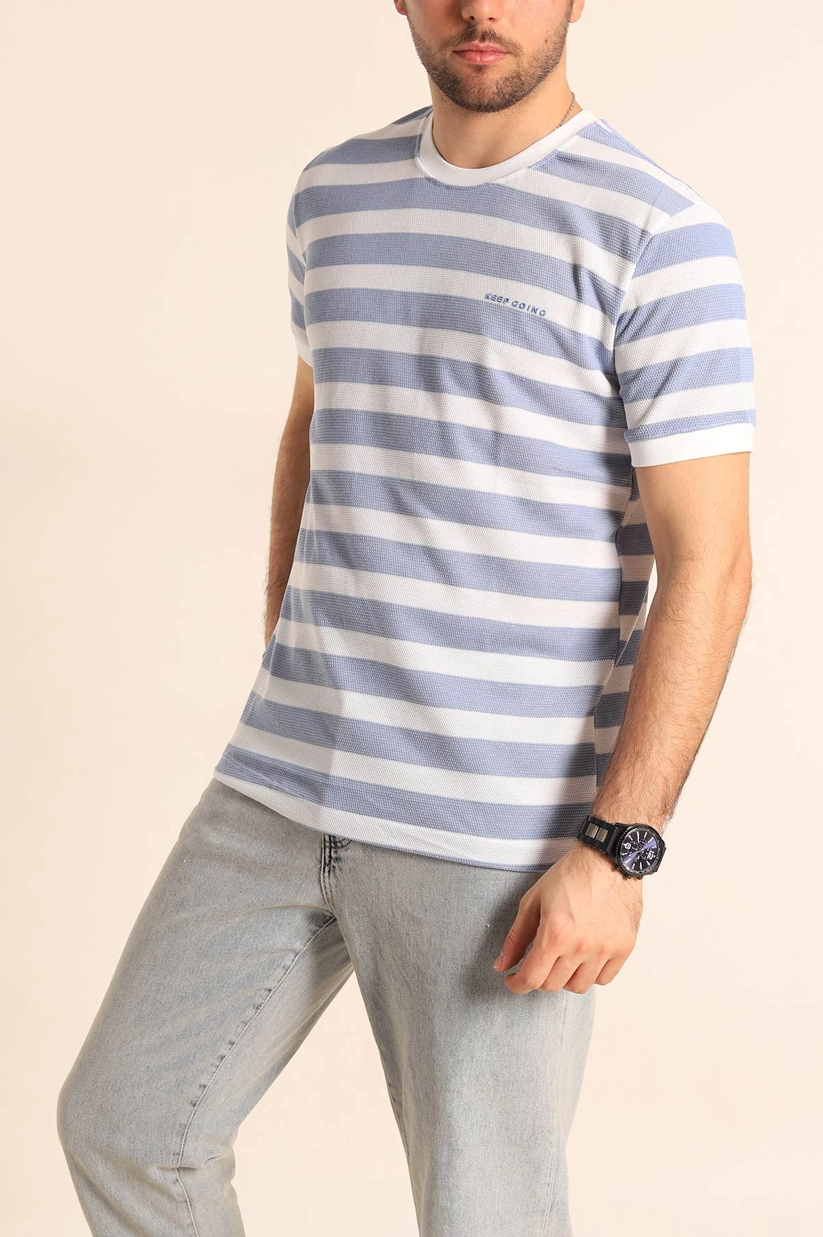 Bebe Mavisi Beyaz Regular Fit Çizgili Yazı Detay Erkek Tişört 252187