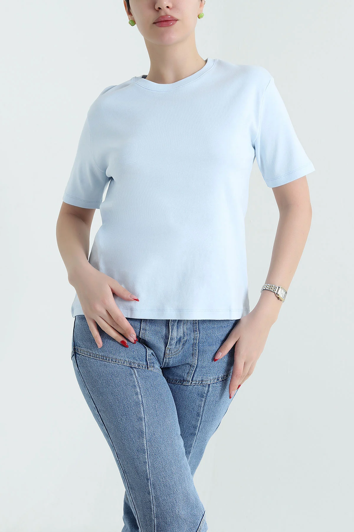 Bebe Mavisi Bisiklet Yaka İnterlok Kadın Tişört 435244