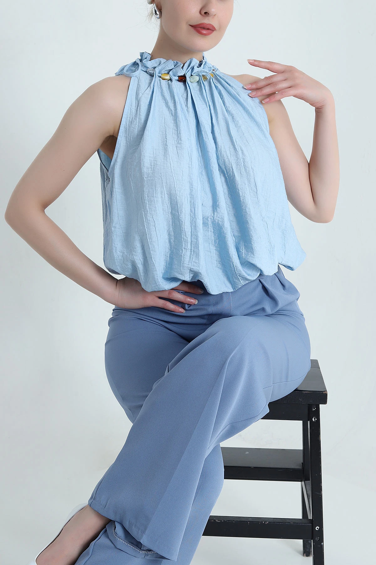 Bebe Mavisi Boncuklu Çilek Kadın Bluz 468887
