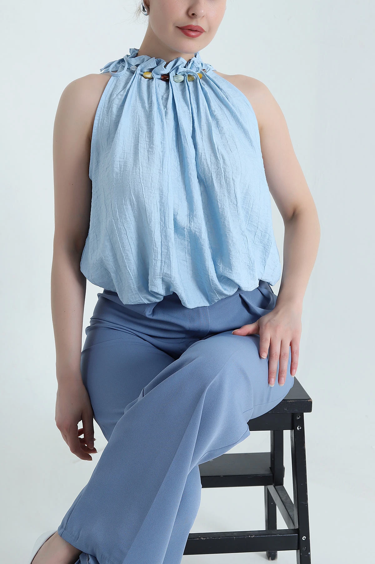 Bebe Mavisi Boncuklu Çilek Kadın Bluz 468887