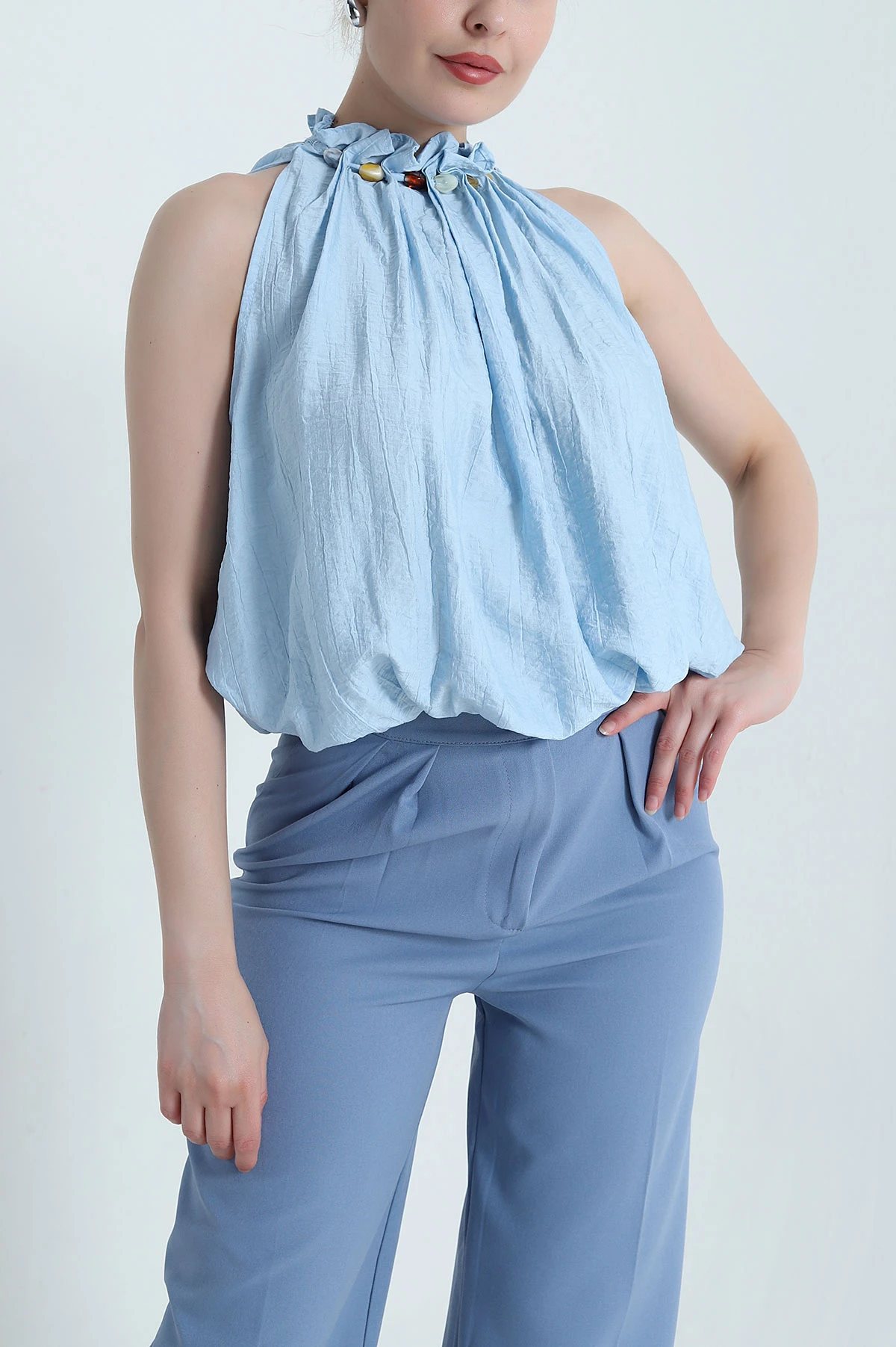 Bebe Mavisi Boncuklu Çilek Kadın Bluz 468887