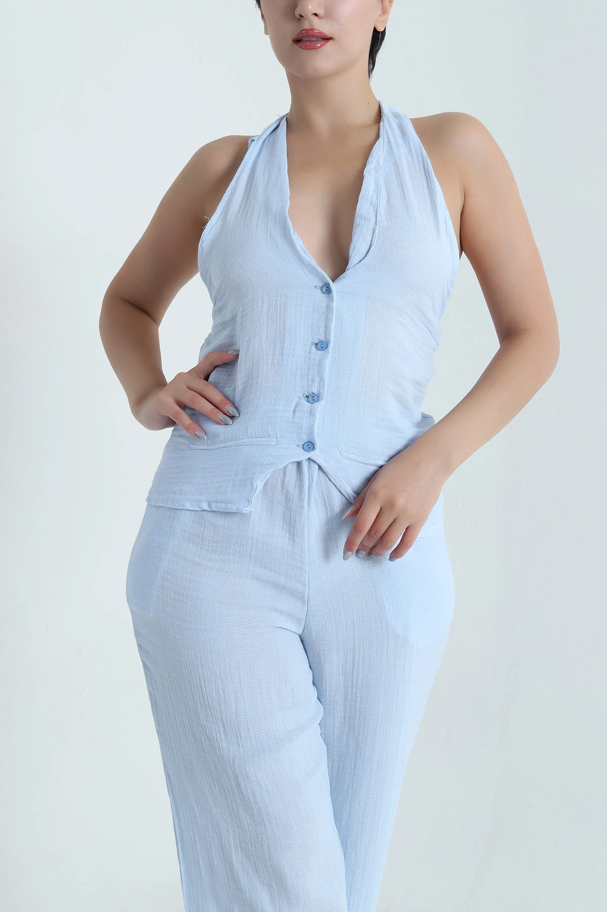 Bebe Mavisi Boyun Bağlamalı Yelekli Müslin Keten Kadın İkili Takım 480744
