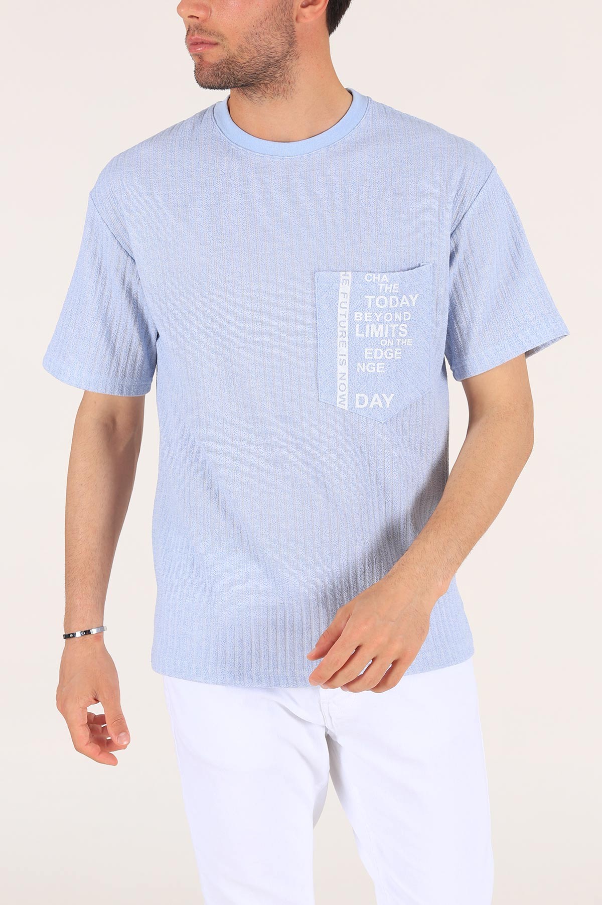 Bebe Mavisi Cep Baskılı Dokulu Oversize Erkek Tişört 177508