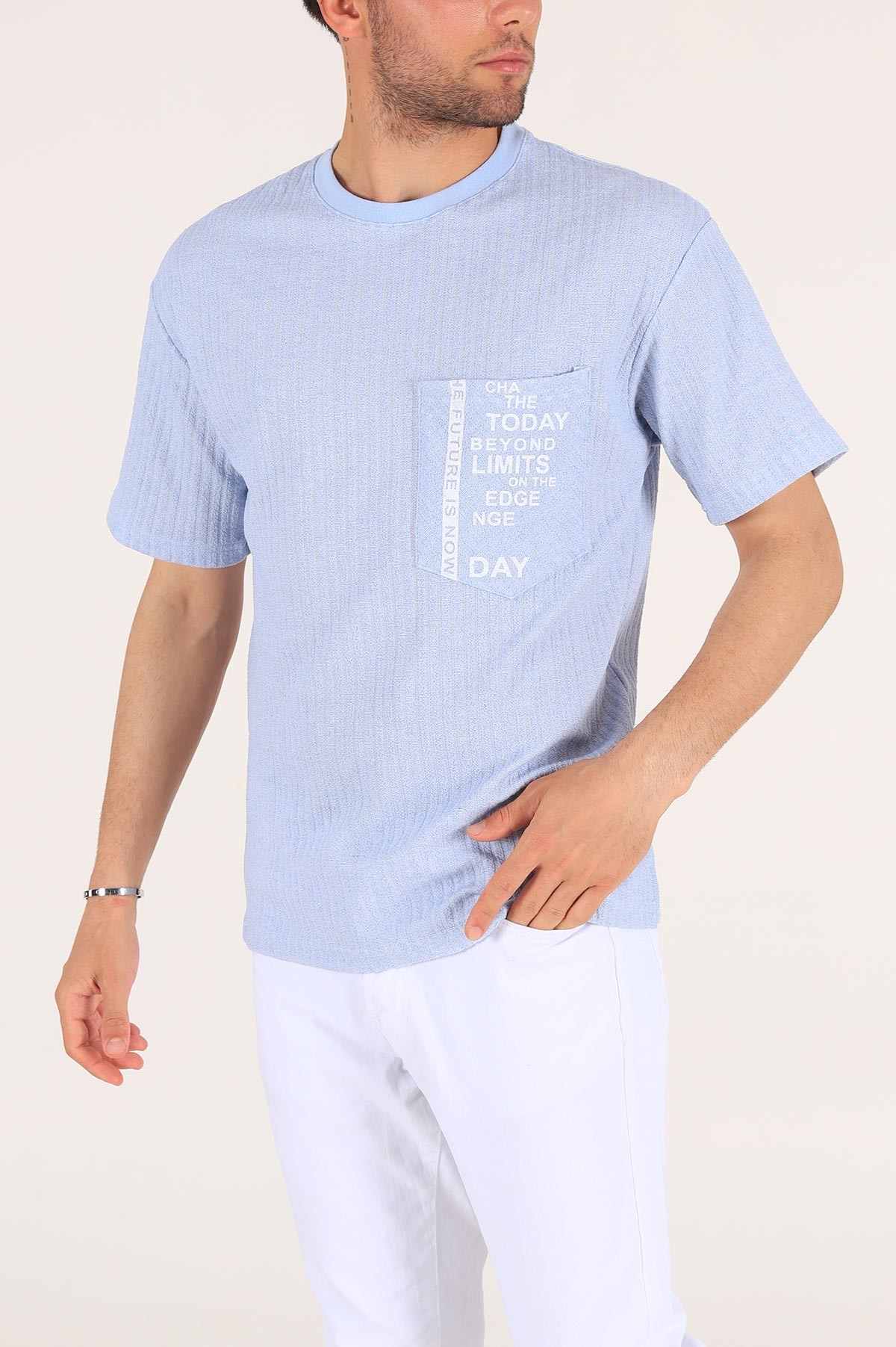 Bebe Mavisi Cep Baskılı Dokulu Oversize Erkek Tişört 177508