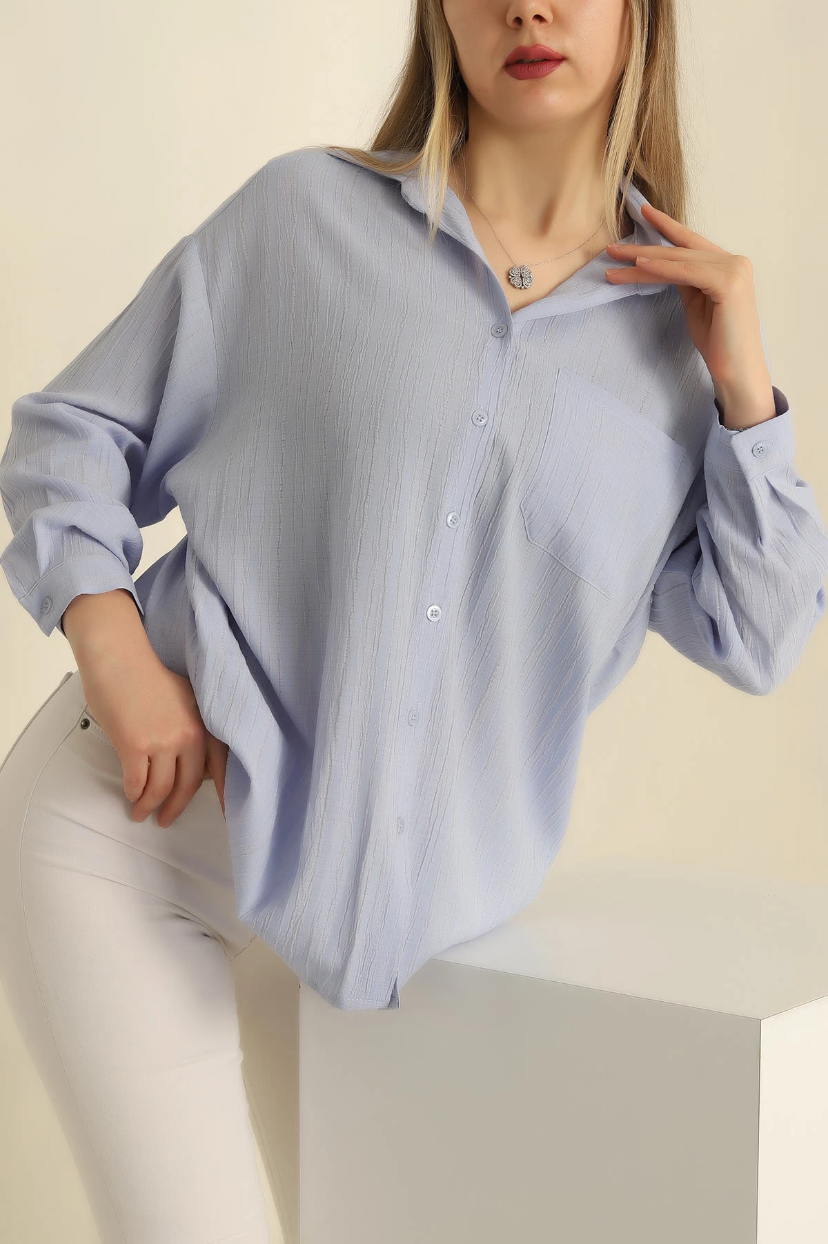 Bebe Mavisi Cep Detay Dokuma Bayan Gömlek 249718