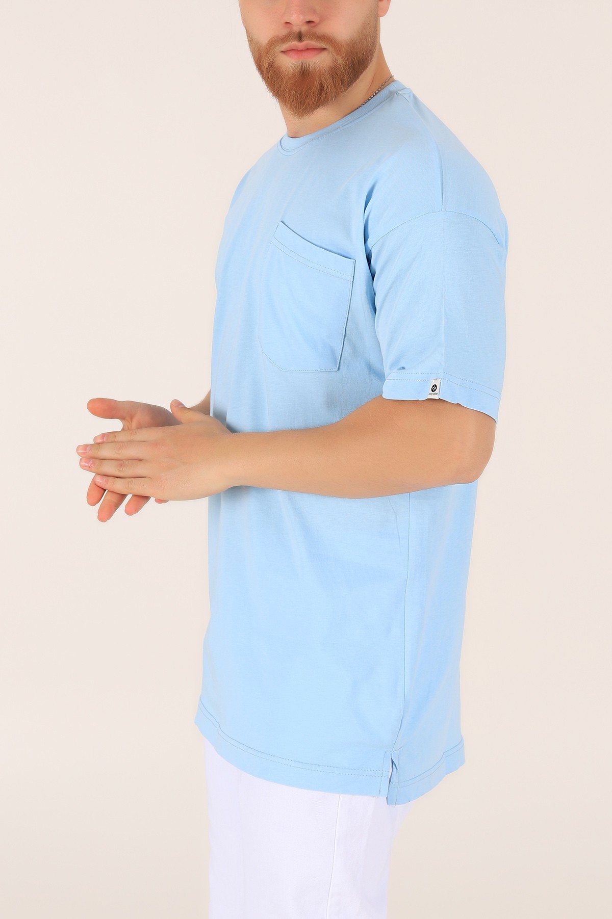 Bebe Mavisi Cep Detaylı Yandan Yırtmaçlı Oversize Tişört 165222