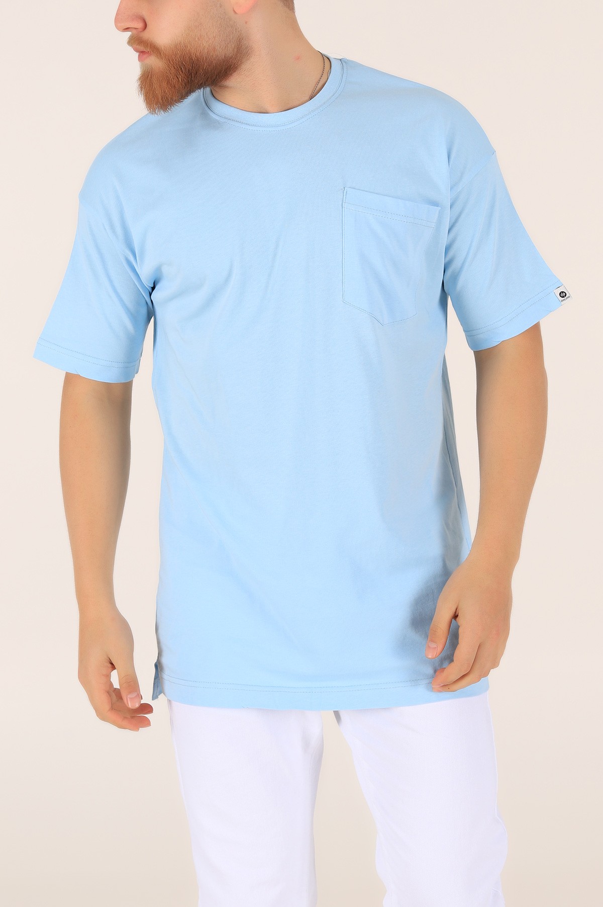 Bebe Mavisi Cep Detaylı Yandan Yırtmaçlı Oversize Tişört 165222