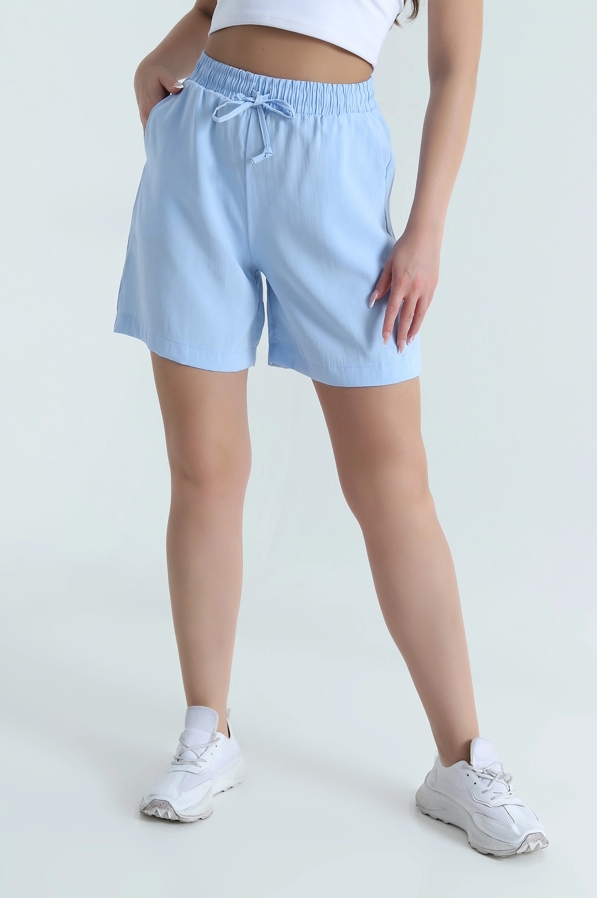 Bebe Mavisi Cepli Bel Lastikli Tencel Kadın Şort 464654
