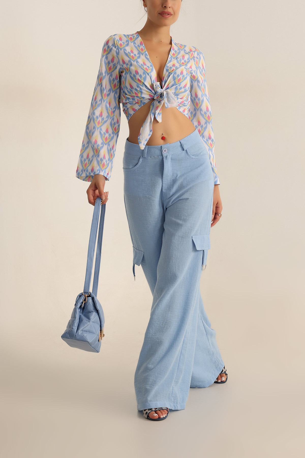 Bebe Mavisi Cepli Palazzo Keten Pantolon 199270